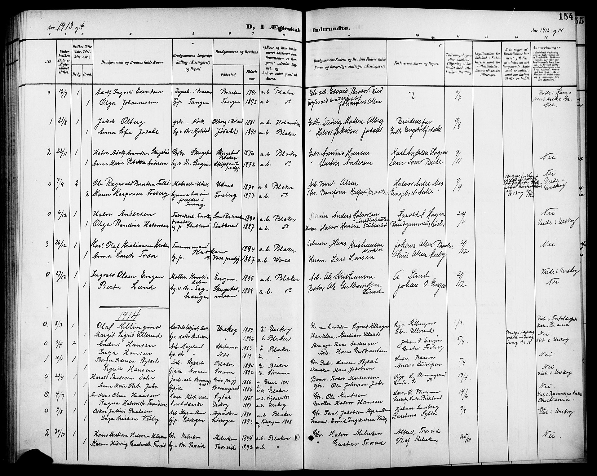 Aurskog prestekontor Kirkebøker, SAO/A-10304a/G/Gb/L0002: Parish register (copy) no. II 2, 1901-1926, p. 154