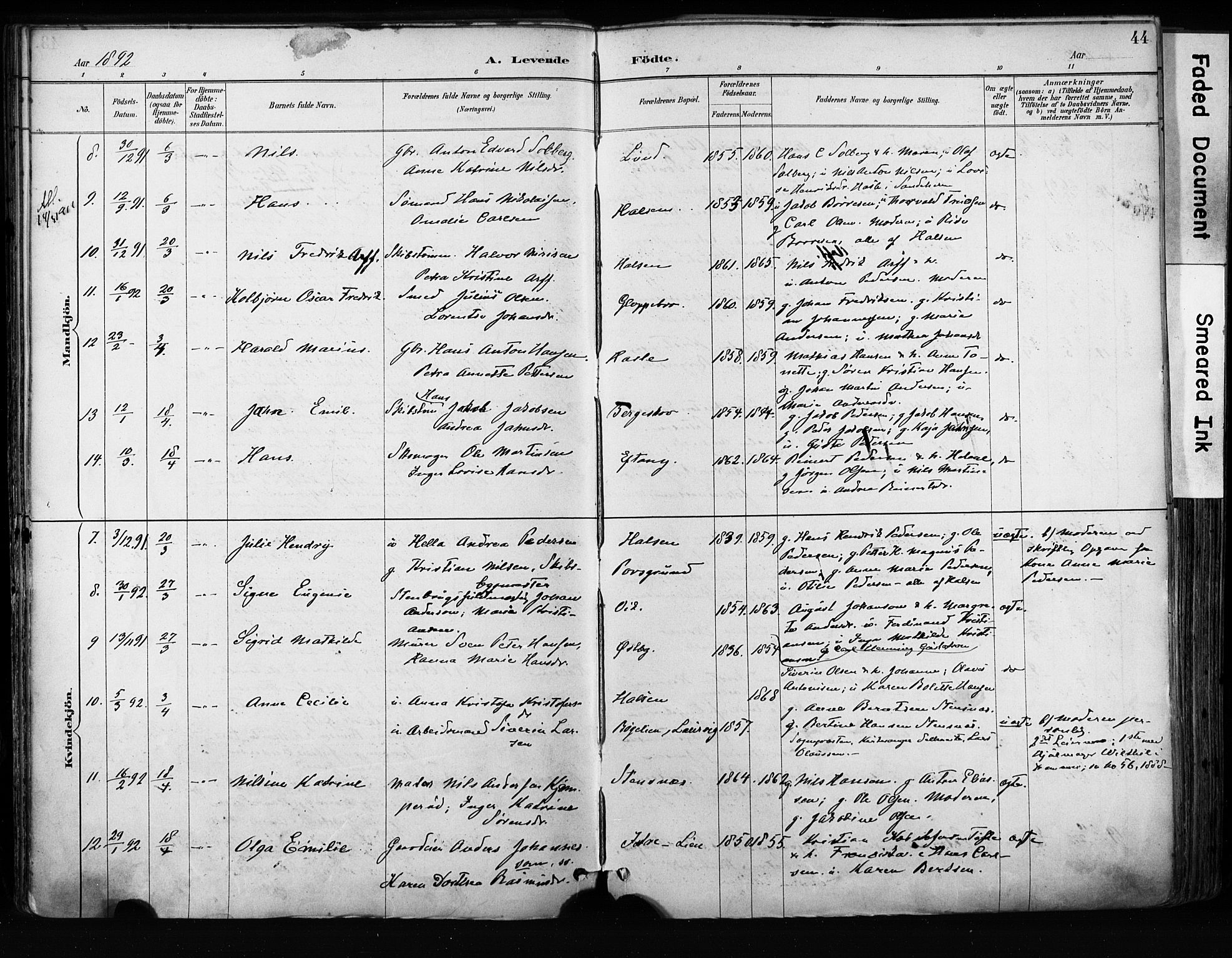 Tjølling kirkebøker, AV/SAKO-A-60/F/Fa/L0009: Parish register (official) no. 9, 1887-1905, p. 44