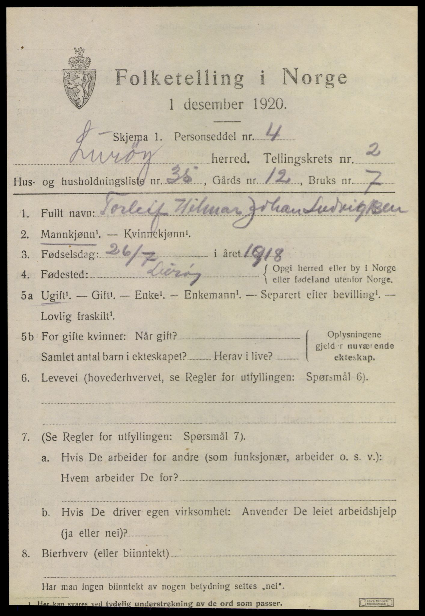 SAT, 1920 census for Lurøy, 1920, p. 1801