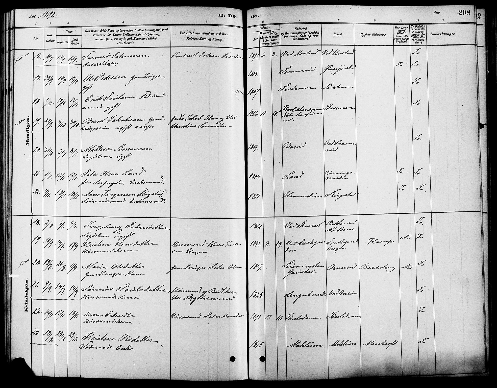 Fåberg prestekontor, SAH/PREST-086/H/Ha/Haa/L0008: Parish register (official) no. 8, 1879-1898, p. 298