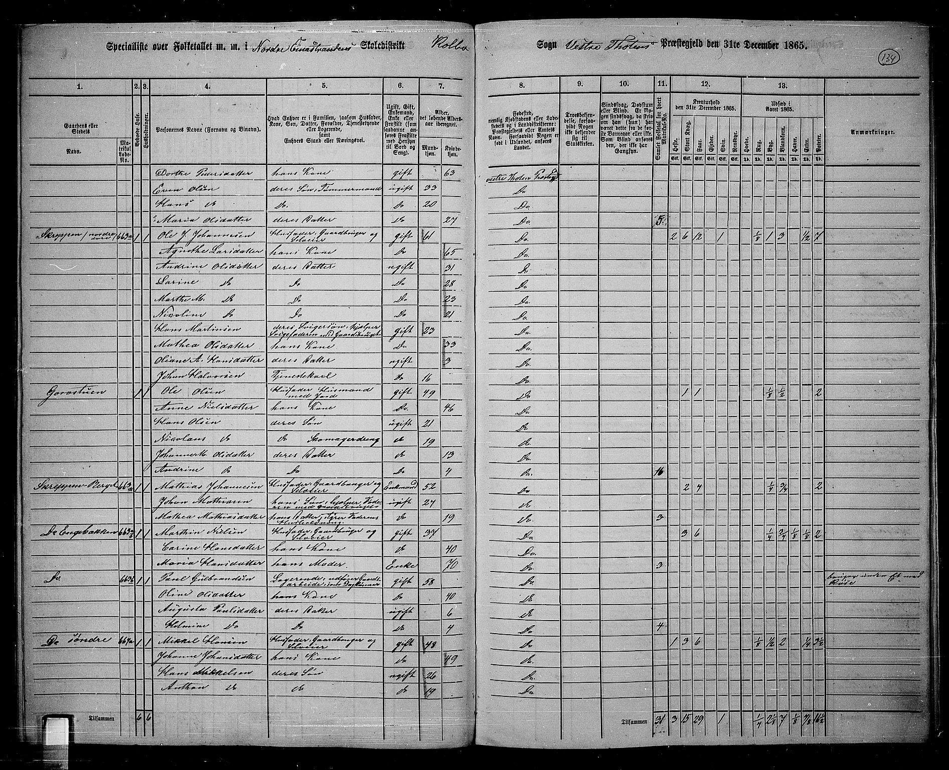 RA, 1865 census for Vestre Toten, 1865, p. 283