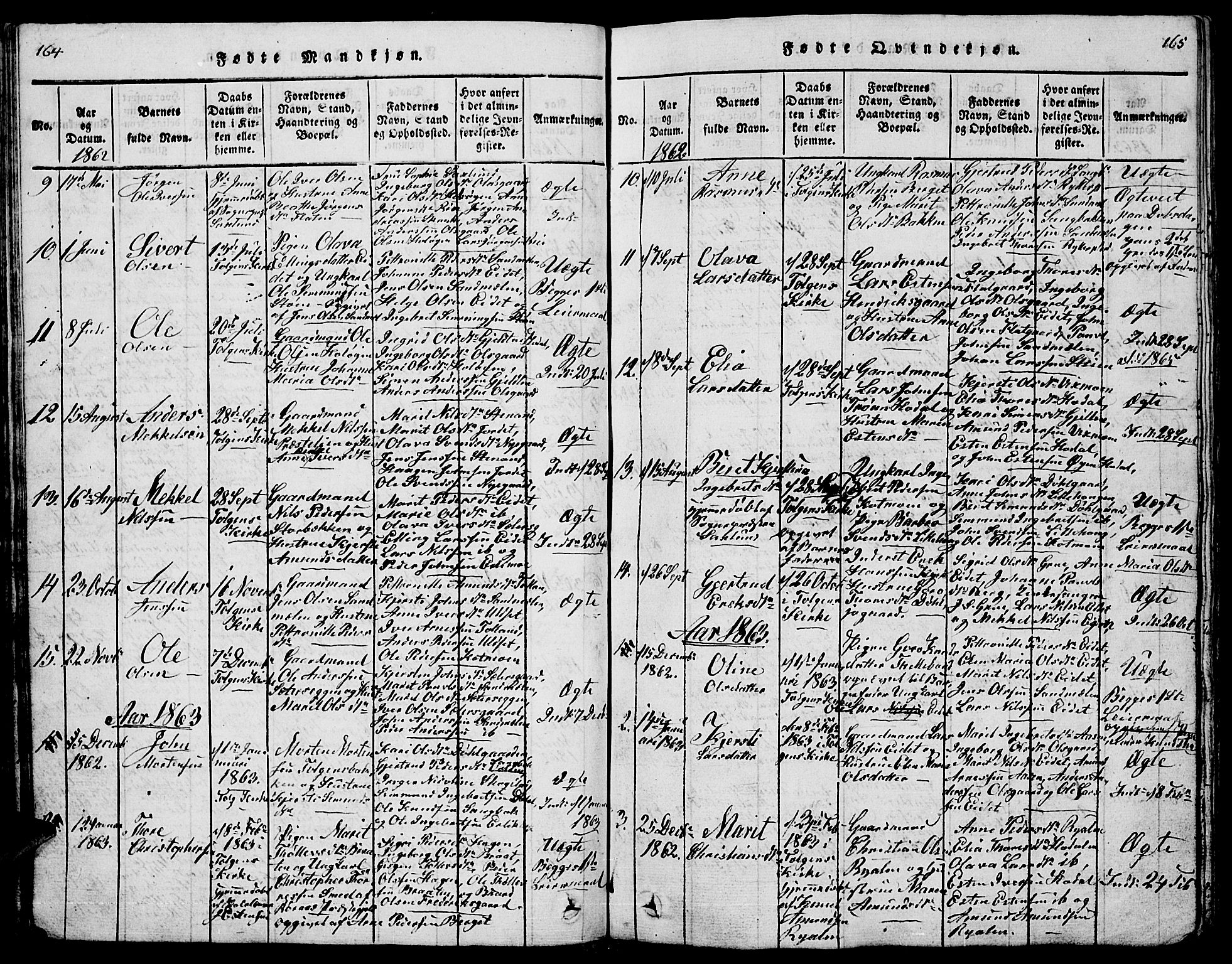 Tolga prestekontor, AV/SAH-PREST-062/L/L0001: Parish register (copy) no. 1, 1814-1877, p. 164-165