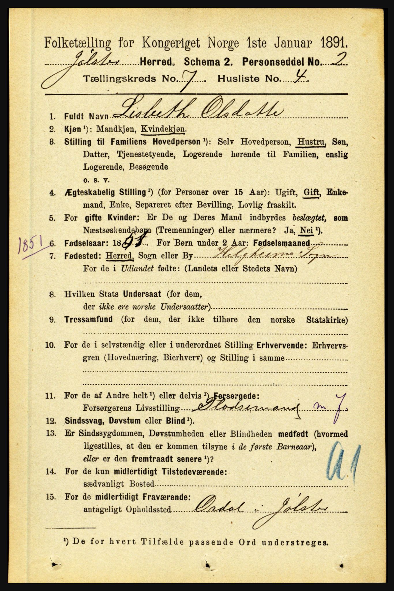 RA, 1891 census for 1431 Jølster, 1891, p. 2488