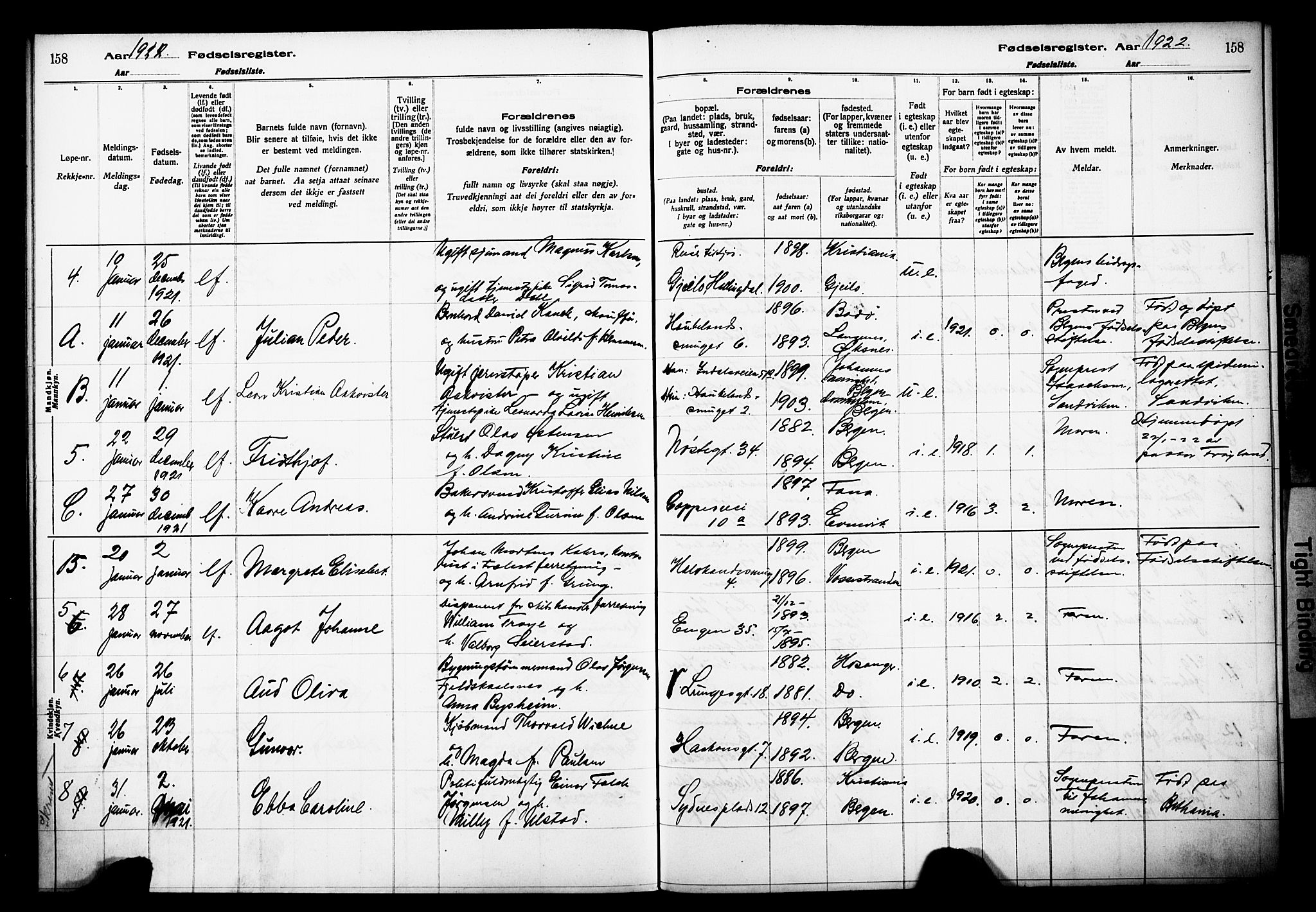 Domkirken sokneprestembete, SAB/A-74801/I/Id/L00A1: Birth register no. A 1, 1916-1923, p. 158