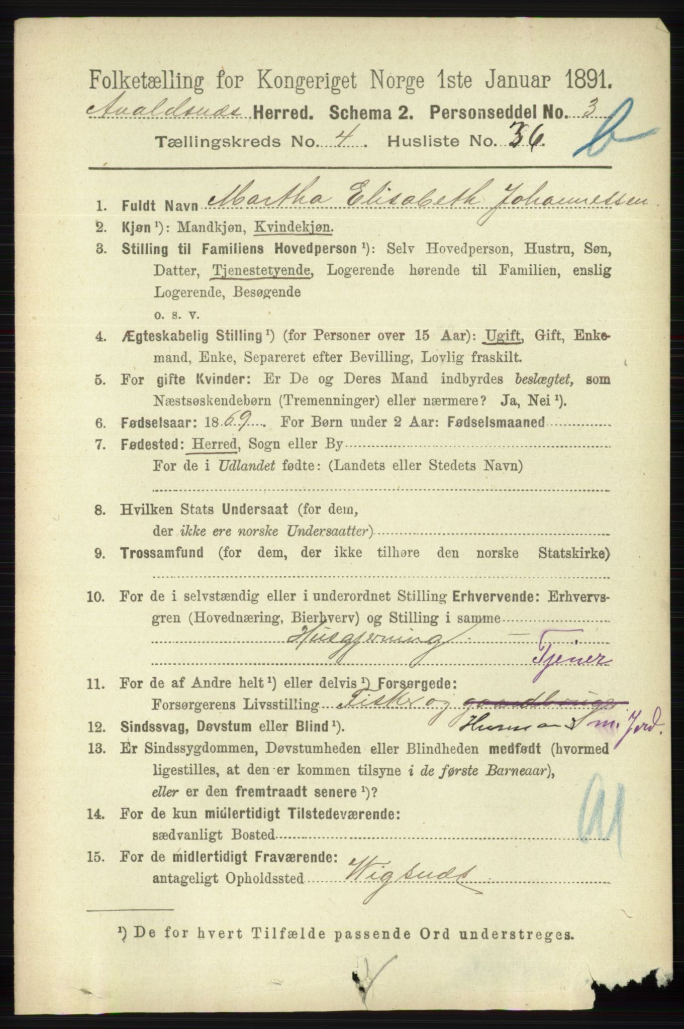 RA, 1891 census for 1147 Avaldsnes, 1891, p. 2986