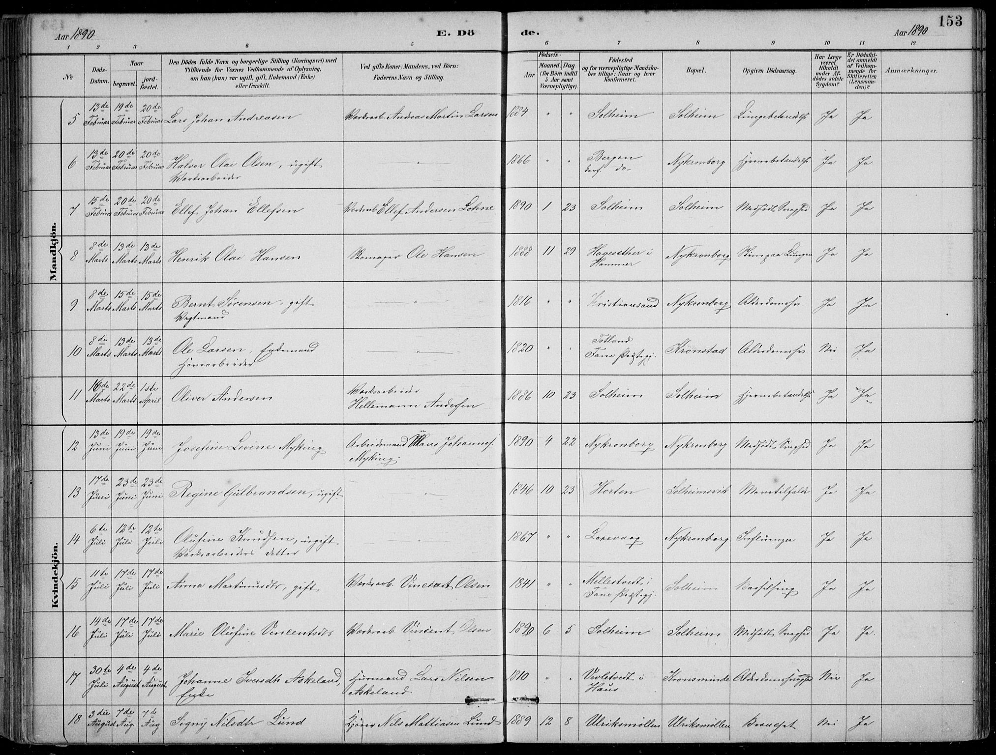 Årstad Sokneprestembete, AV/SAB-A-79301/H/Hab/L0011: Parish register (copy) no. B 1, 1886-1901, p. 153