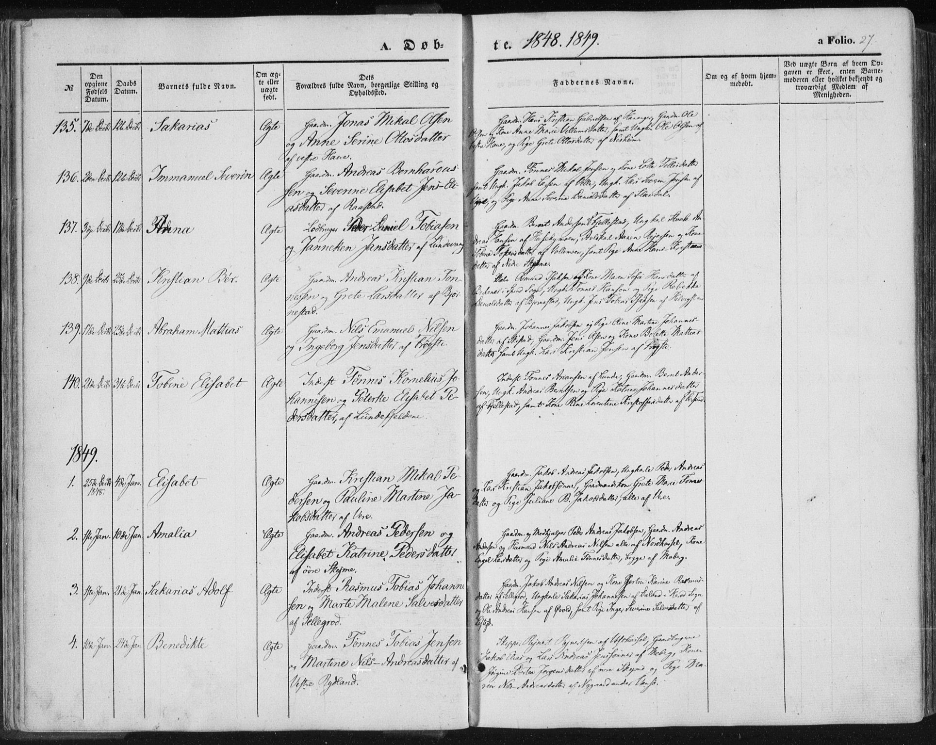 Lista sokneprestkontor, SAK/1111-0027/F/Fa/L0010: Parish register (official) no. A 10, 1846-1861, p. 27