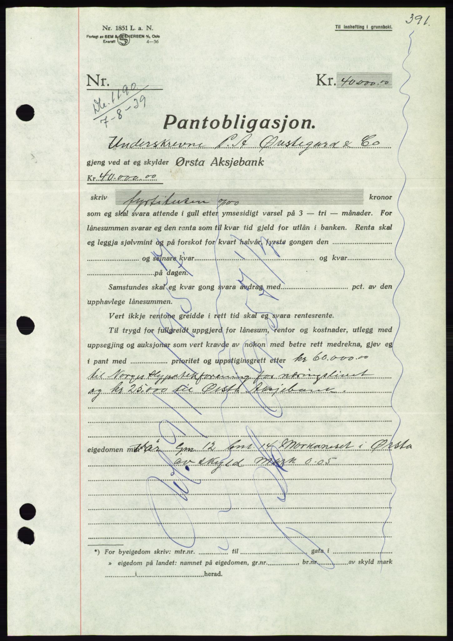 Søre Sunnmøre sorenskriveri, AV/SAT-A-4122/1/2/2C/L0068: Mortgage book no. 62, 1939-1939, Diary no: : 1190/1939