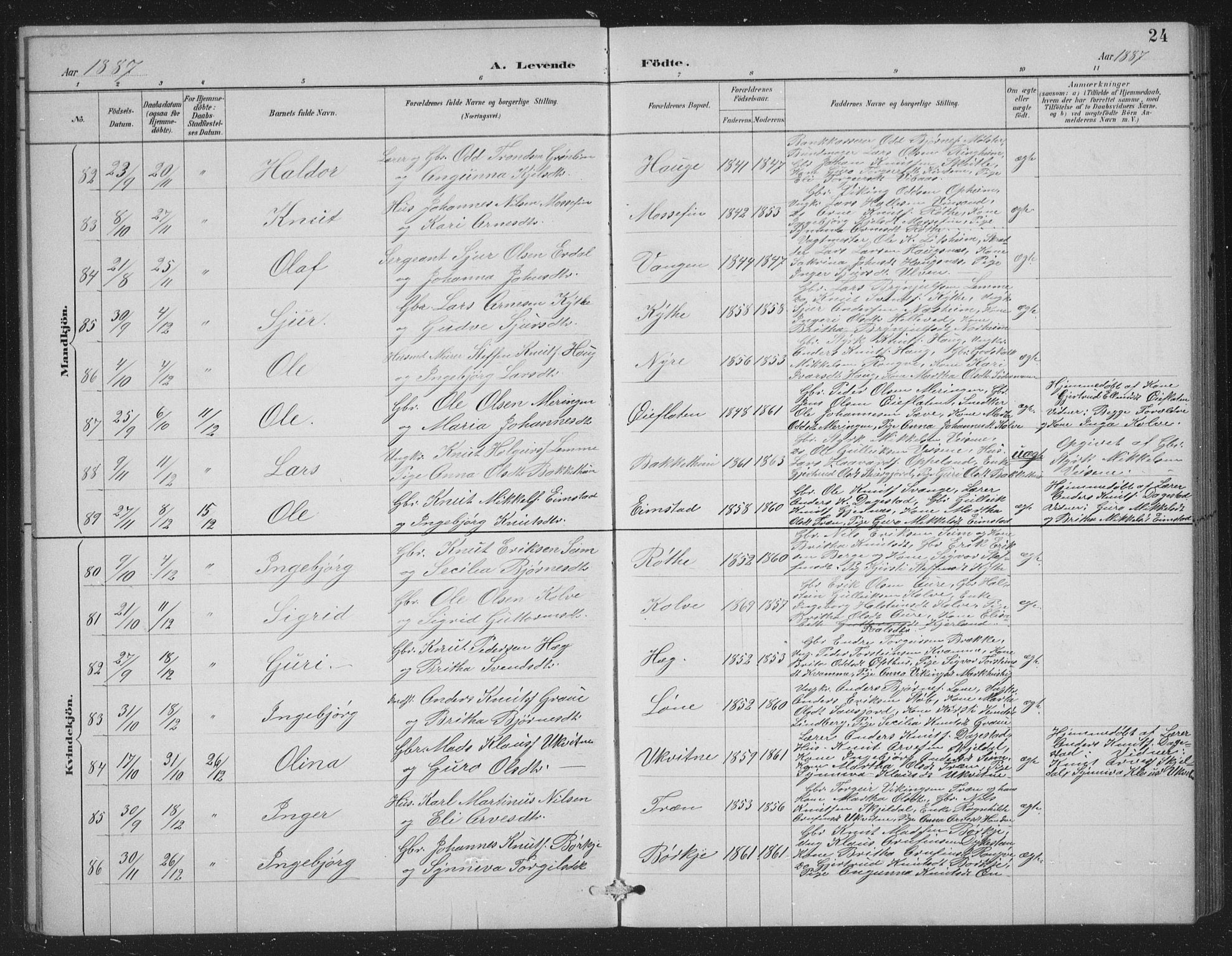 Voss sokneprestembete, AV/SAB-A-79001/H/Hab: Parish register (copy) no. C 1, 1886-1899, p. 24