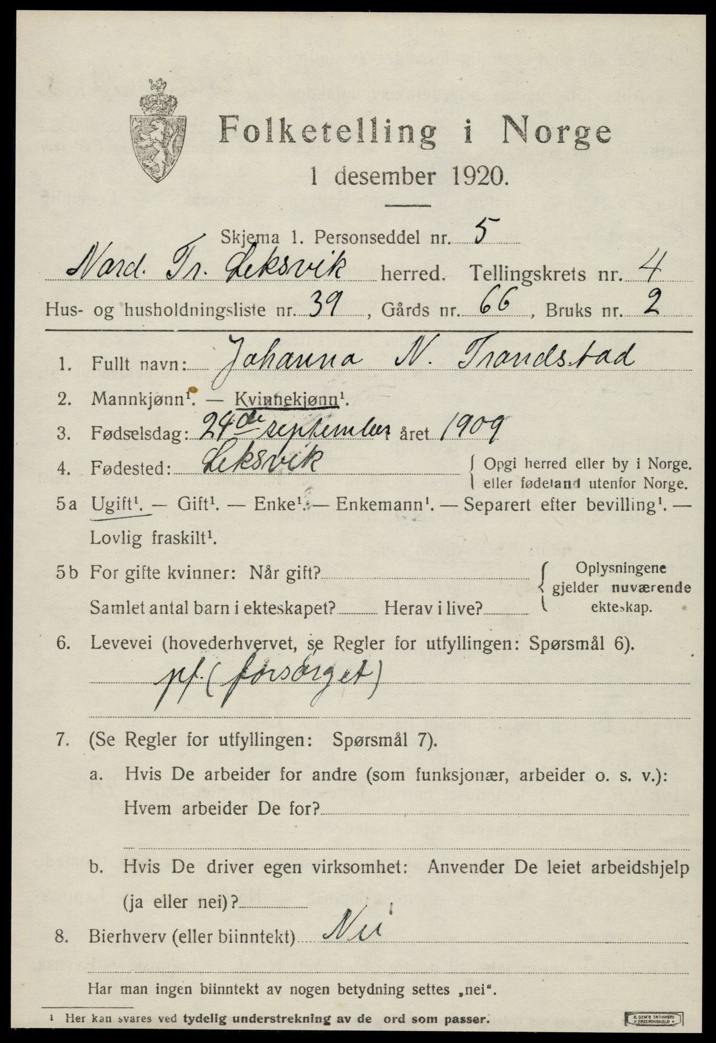 SAT, 1920 census for Leksvik, 1920, p. 3994