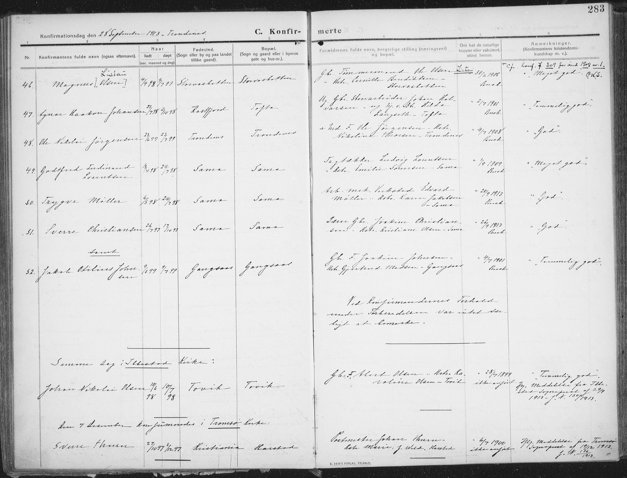 Trondenes sokneprestkontor, SATØ/S-1319/H/Ha/L0018kirke: Parish register (official) no. 18, 1909-1918, p. 283