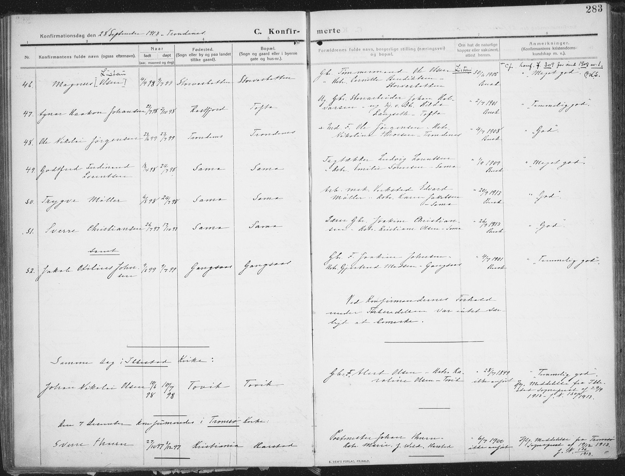 Trondenes sokneprestkontor, AV/SATØ-S-1319/H/Ha/L0018kirke: Parish register (official) no. 18, 1909-1918, p. 283