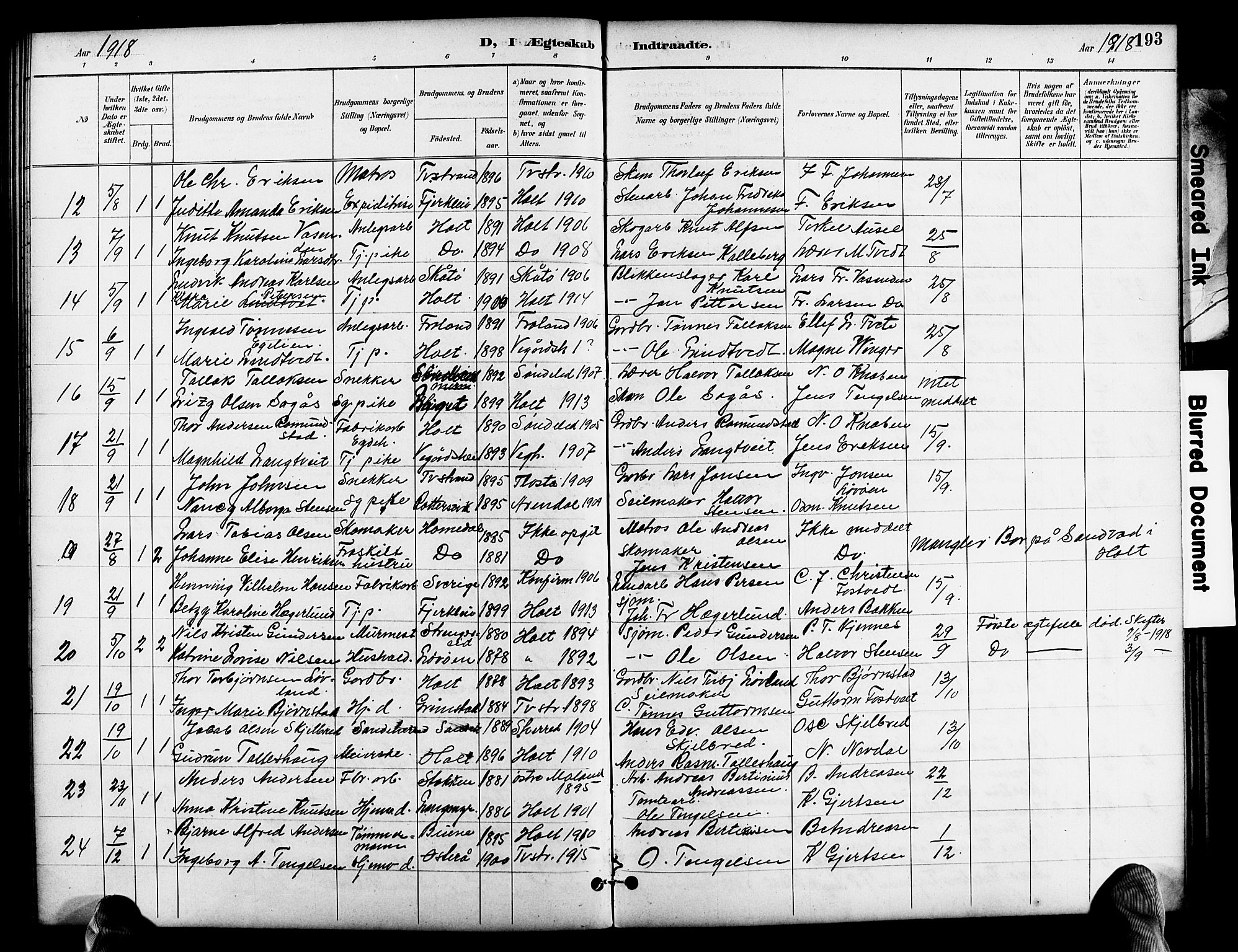 Holt sokneprestkontor, SAK/1111-0021/F/Fb/L0011: Parish register (copy) no. B 11, 1897-1921, p. 193