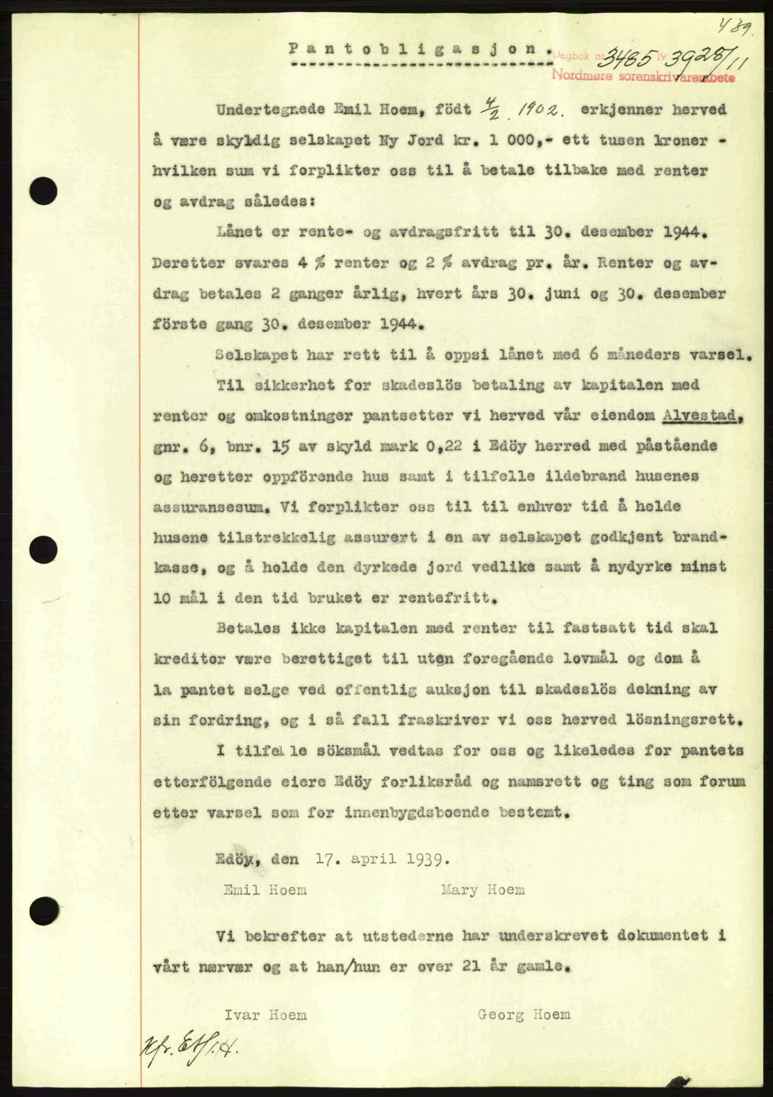 Nordmøre sorenskriveri, AV/SAT-A-4132/1/2/2Ca: Mortgage book no. B86, 1939-1940, Diary no: : 3485/1939