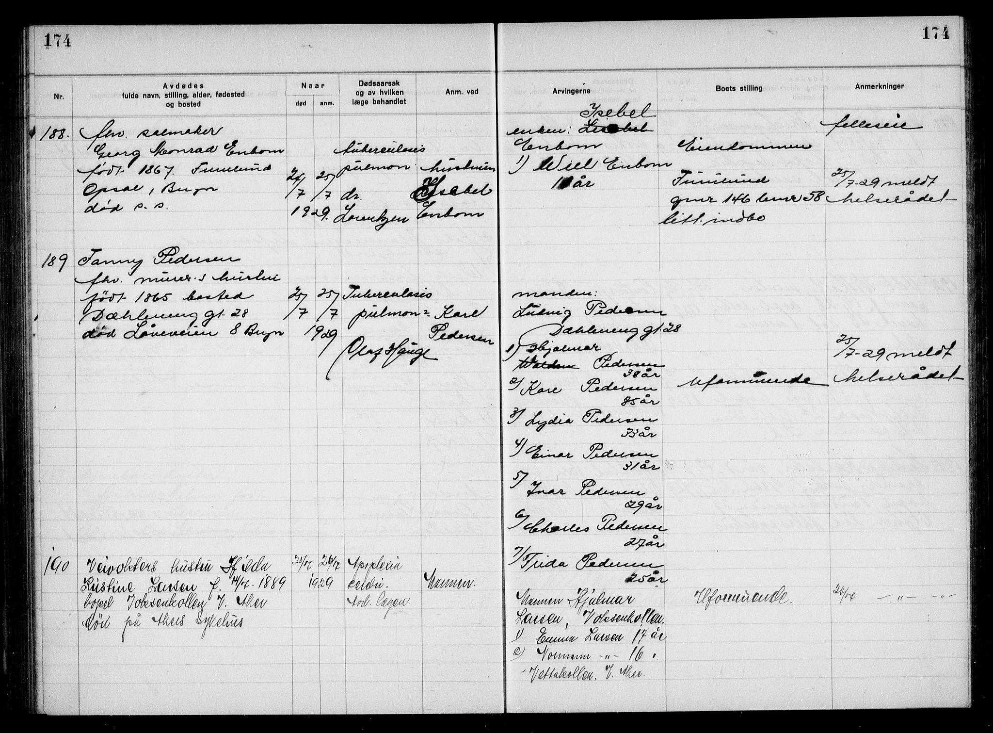 Aker kriminaldommer, skifte- og auksjonsforvalterembete, AV/SAO-A-10452/H/Hb/Hba/Hbac/L0002: Dødsfallsprotokoll for Østre Aker, 1927-1931, p. 174