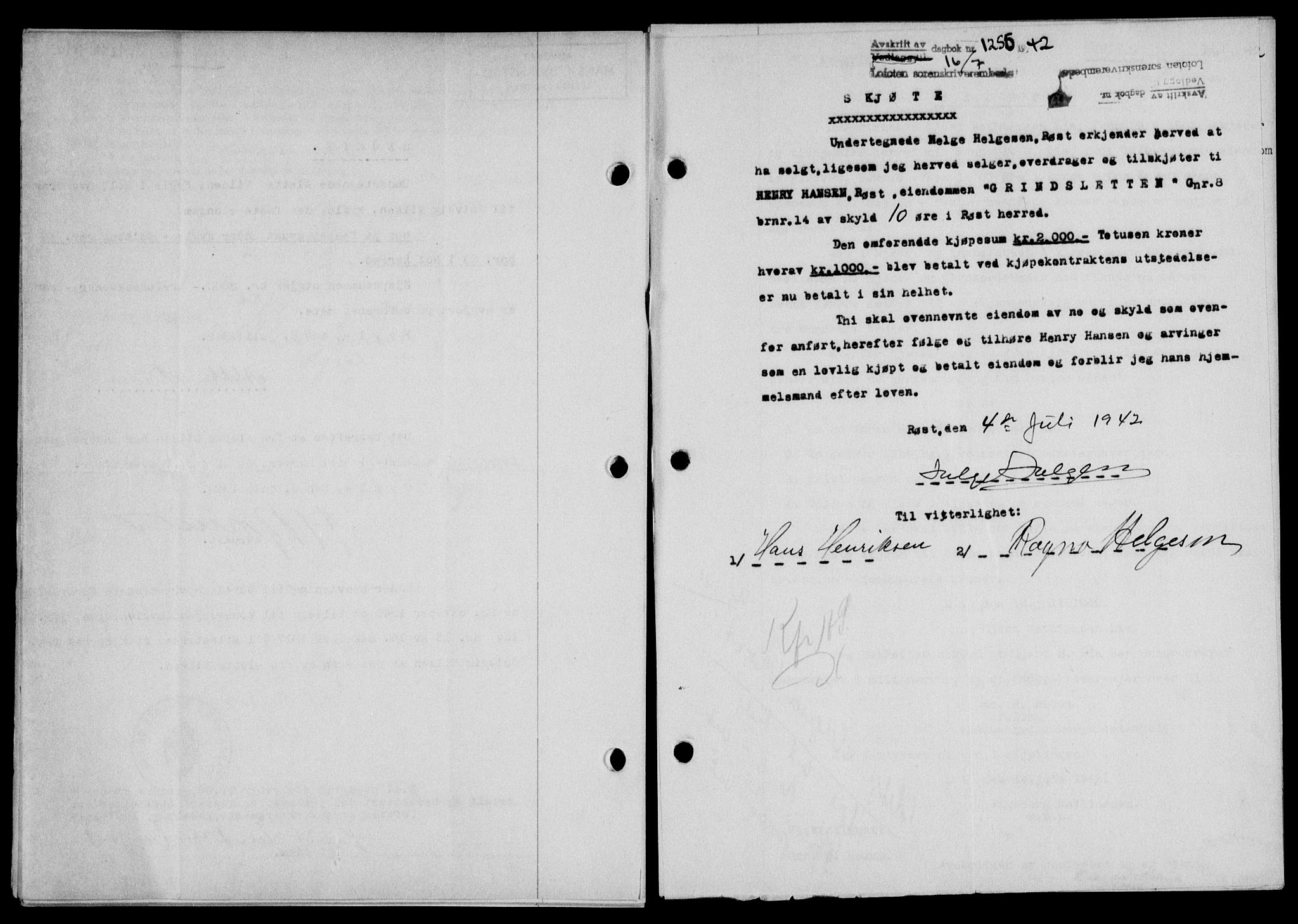 Lofoten sorenskriveri, SAT/A-0017/1/2/2C/L0010a: Mortgage book no. 10a, 1942-1943, Diary no: : 1256/1942