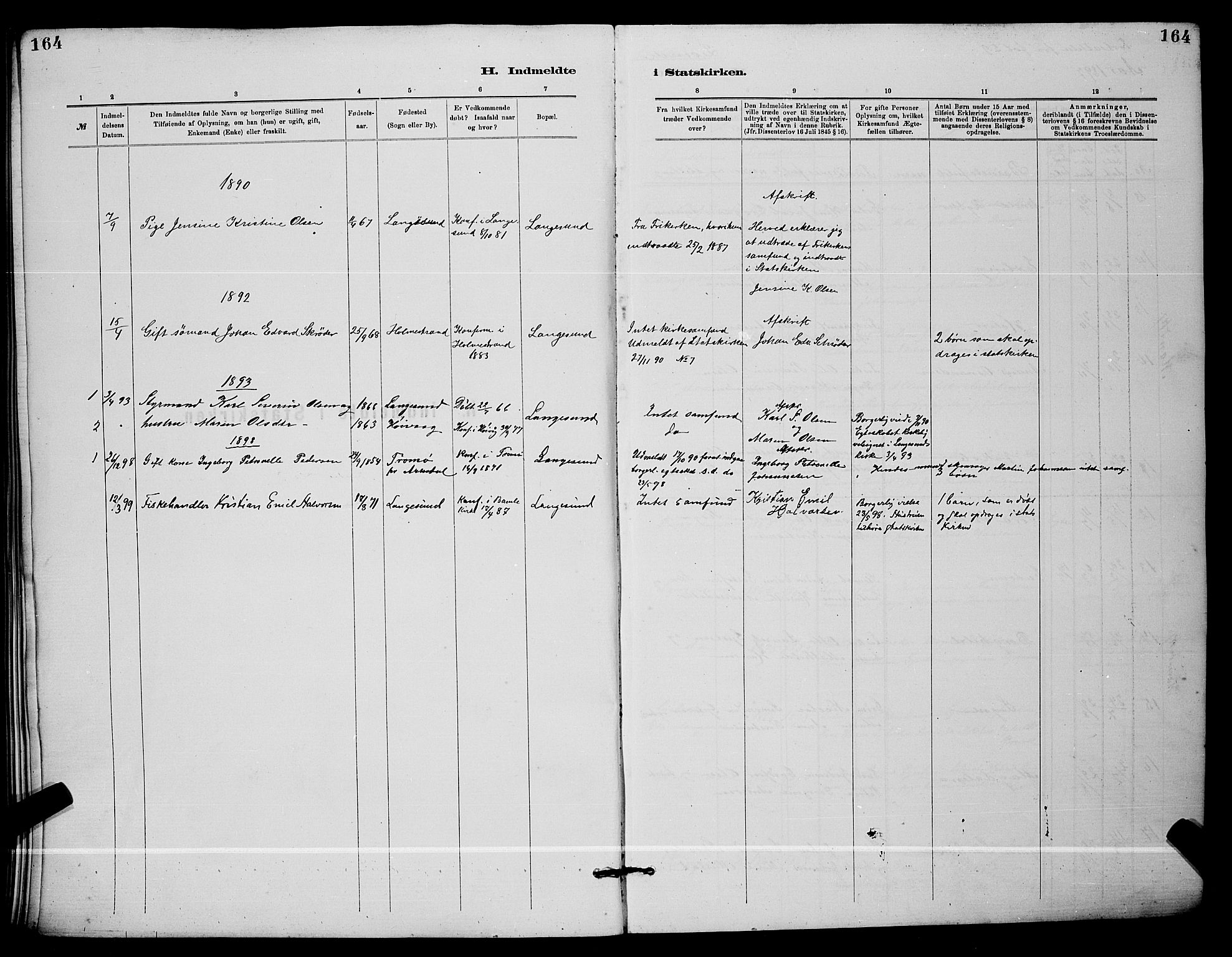 Langesund kirkebøker, SAKO/A-280/G/Ga/L0005: Parish register (copy) no. 5, 1884-1898, p. 164