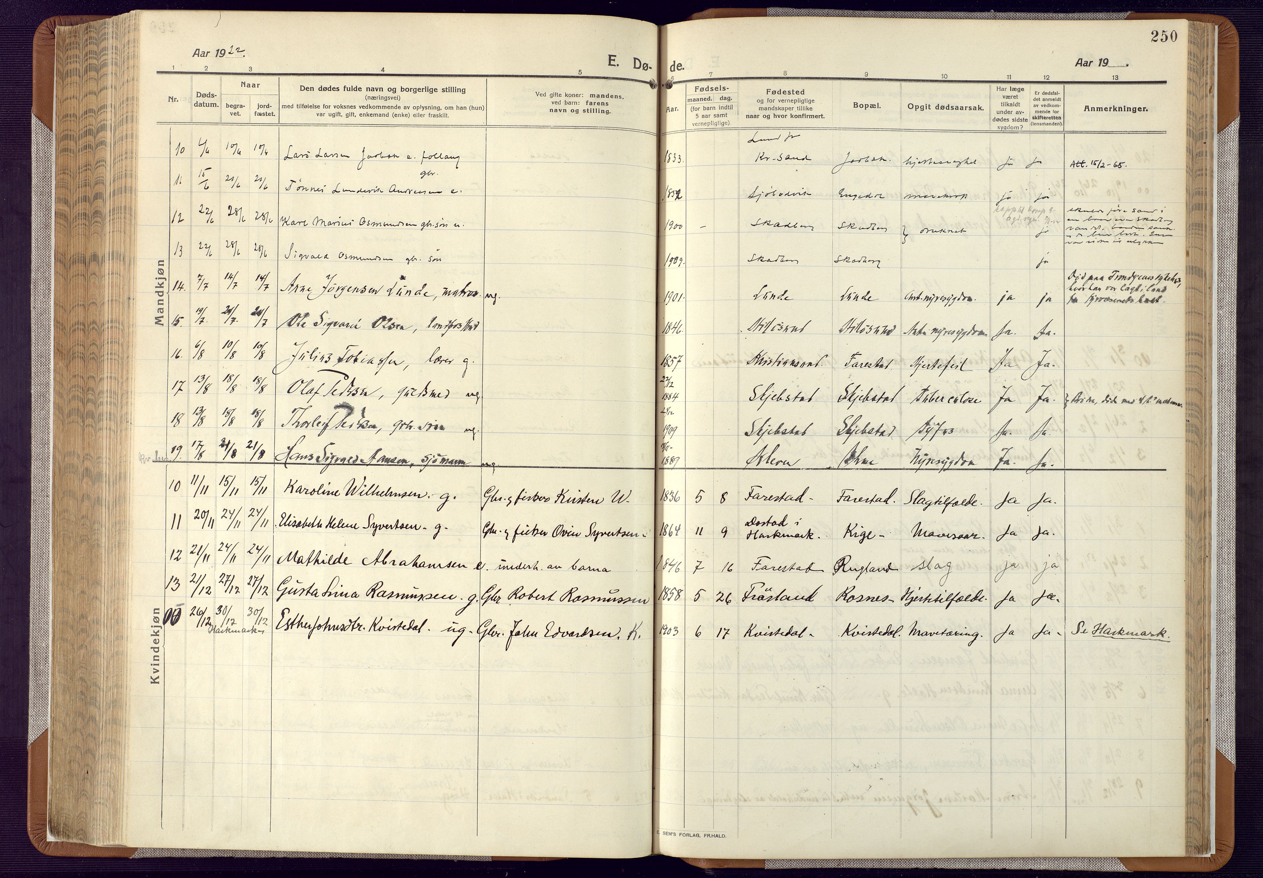 Mandal sokneprestkontor, AV/SAK-1111-0030/F/Fa/Faa/L0022: Parish register (official) no. A 22, 1913-1925, p. 250