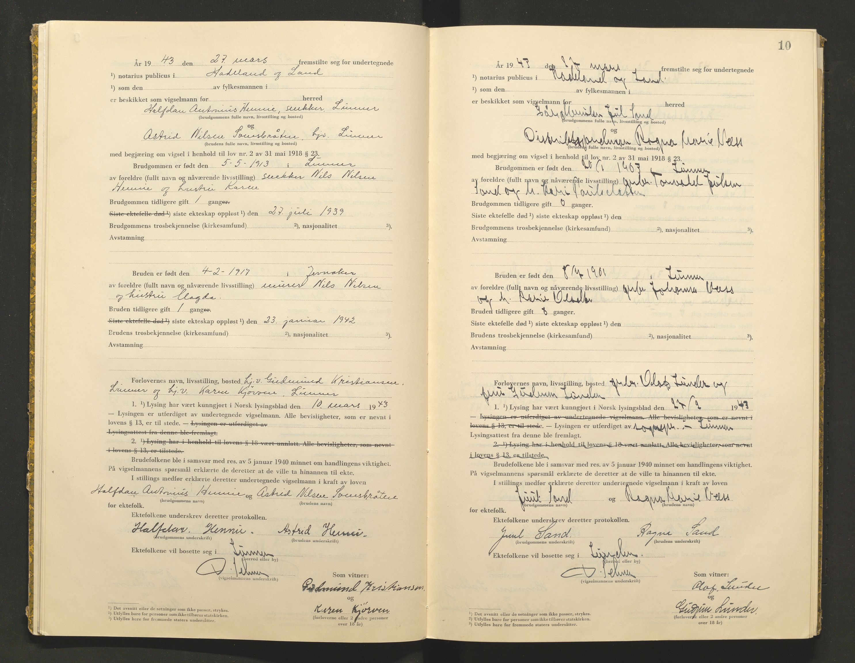 Hadeland og Land tingrett, AV/SAH-TING-010/L/Lb/L0002: Vigselbok, 1943-1944, p. 10