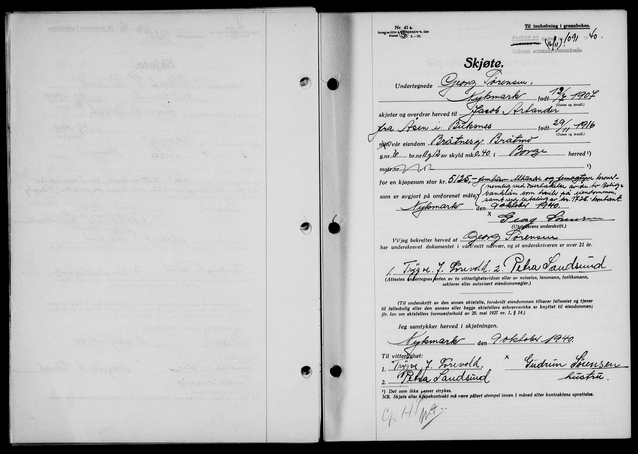 Lofoten sorenskriveri, SAT/A-0017/1/2/2C/L0008a: Mortgage book no. 8a, 1940-1941, Diary no: : 1091/1940