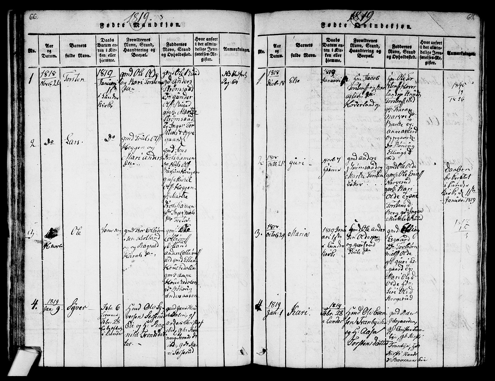 Norderhov kirkebøker, AV/SAKO-A-237/G/Ga/L0003: Parish register (copy) no. I 3 /2, 1814-1876, p. 66-67