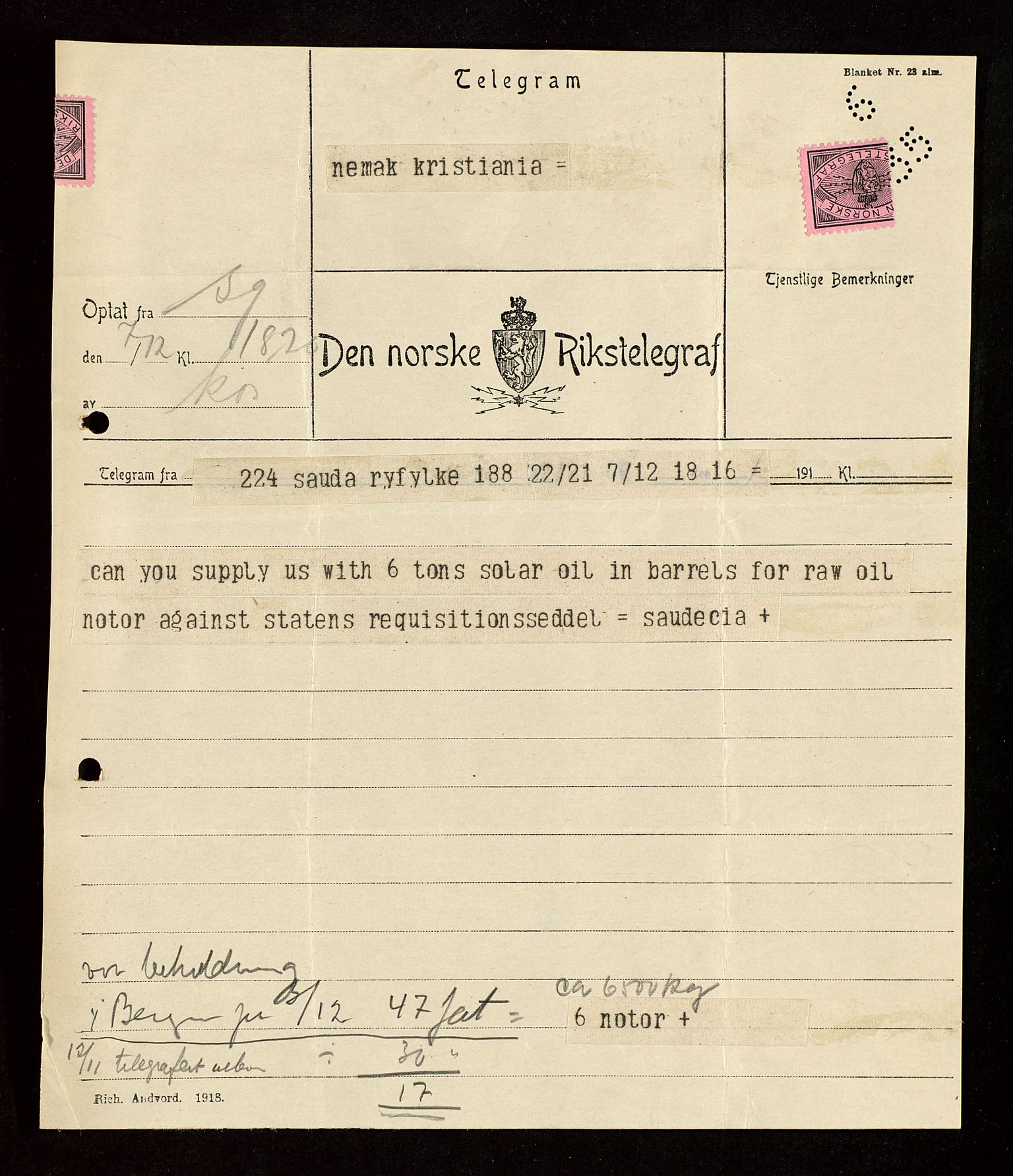 Pa 1521 - A/S Norske Shell, AV/SAST-A-101915/E/Ea/Eaa/L0003: Sjefskorrespondanse, 1918, p. 212