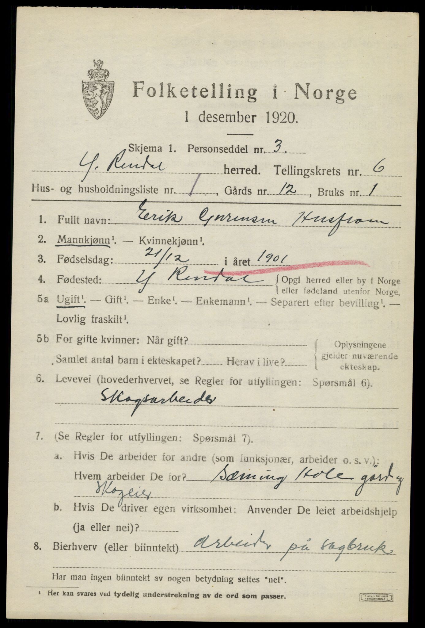 SAH, 1920 census for Ytre Rendal, 1920, p. 3321