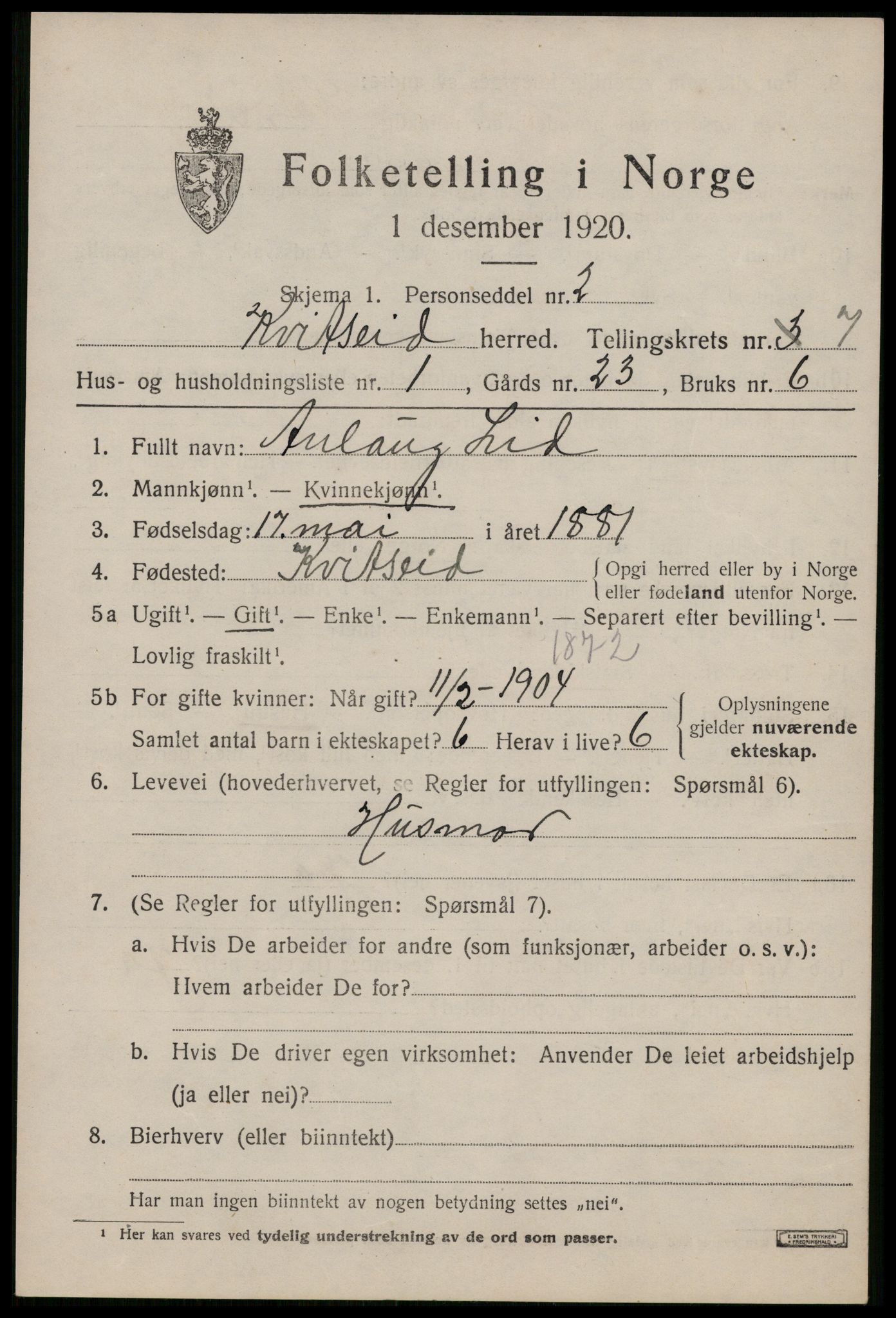 SAKO, 1920 census for Kviteseid, 1920, p. 3517