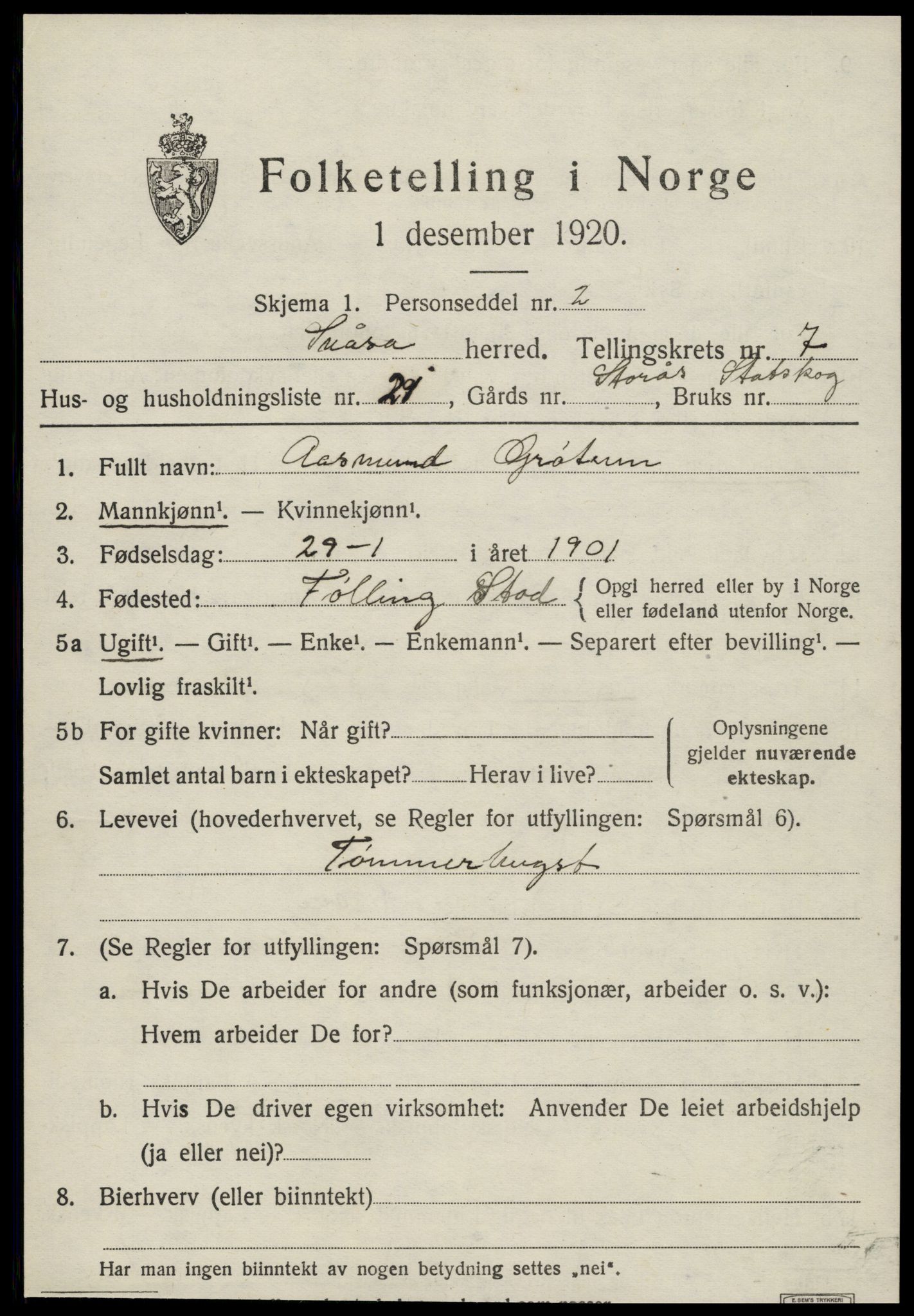 SAT, 1920 census for Snåsa, 1920, p. 3164