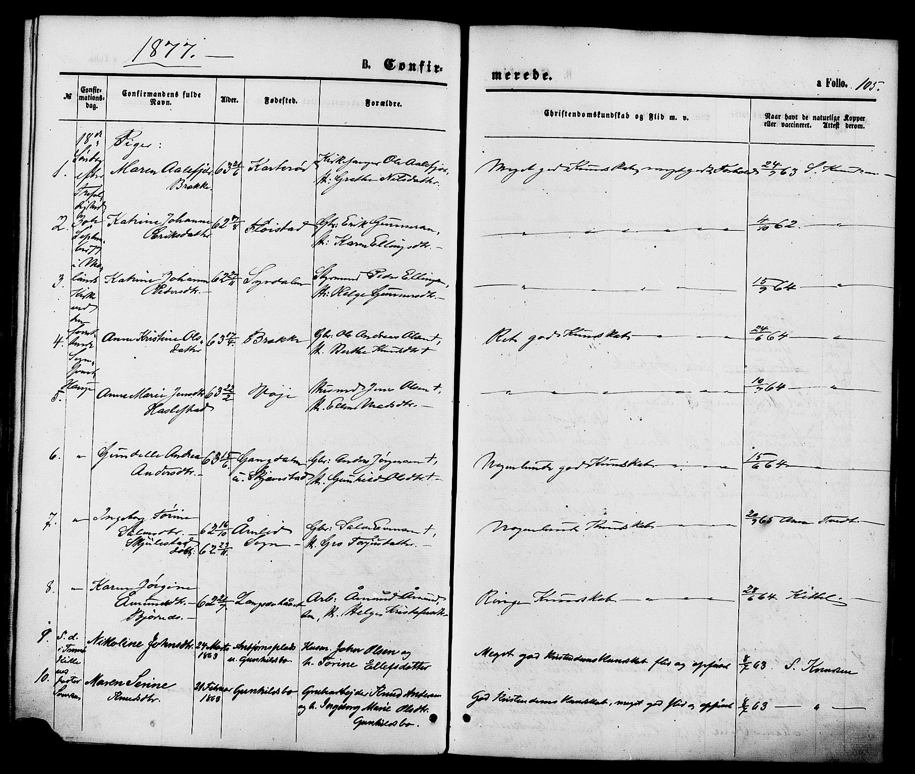 Austre Moland sokneprestkontor, SAK/1111-0001/F/Fa/Faa/L0009: Parish register (official) no. A 9, 1869-1879, p. 105