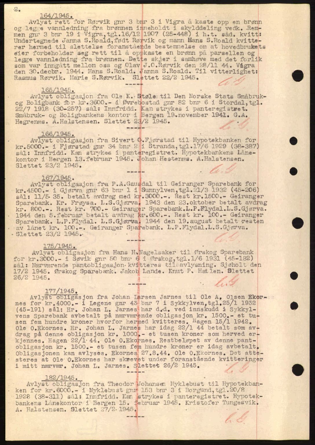 Nordre Sunnmøre sorenskriveri, SAT/A-0006/1/2/2C/2Ca: Mortgage book no. B6-14 a, 1942-1945, Diary no: : 164/1945