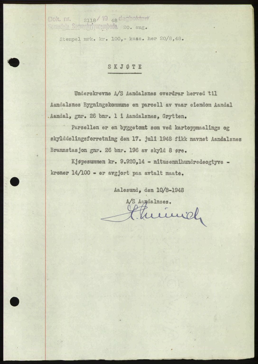 Romsdal sorenskriveri, AV/SAT-A-4149/1/2/2C: Mortgage book no. A27, 1948-1948, Diary no: : 2118/1948