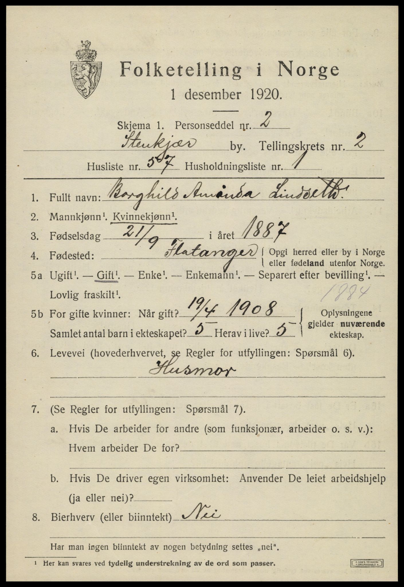 SAT, 1920 census for Steinkjer, 1920, p. 5330