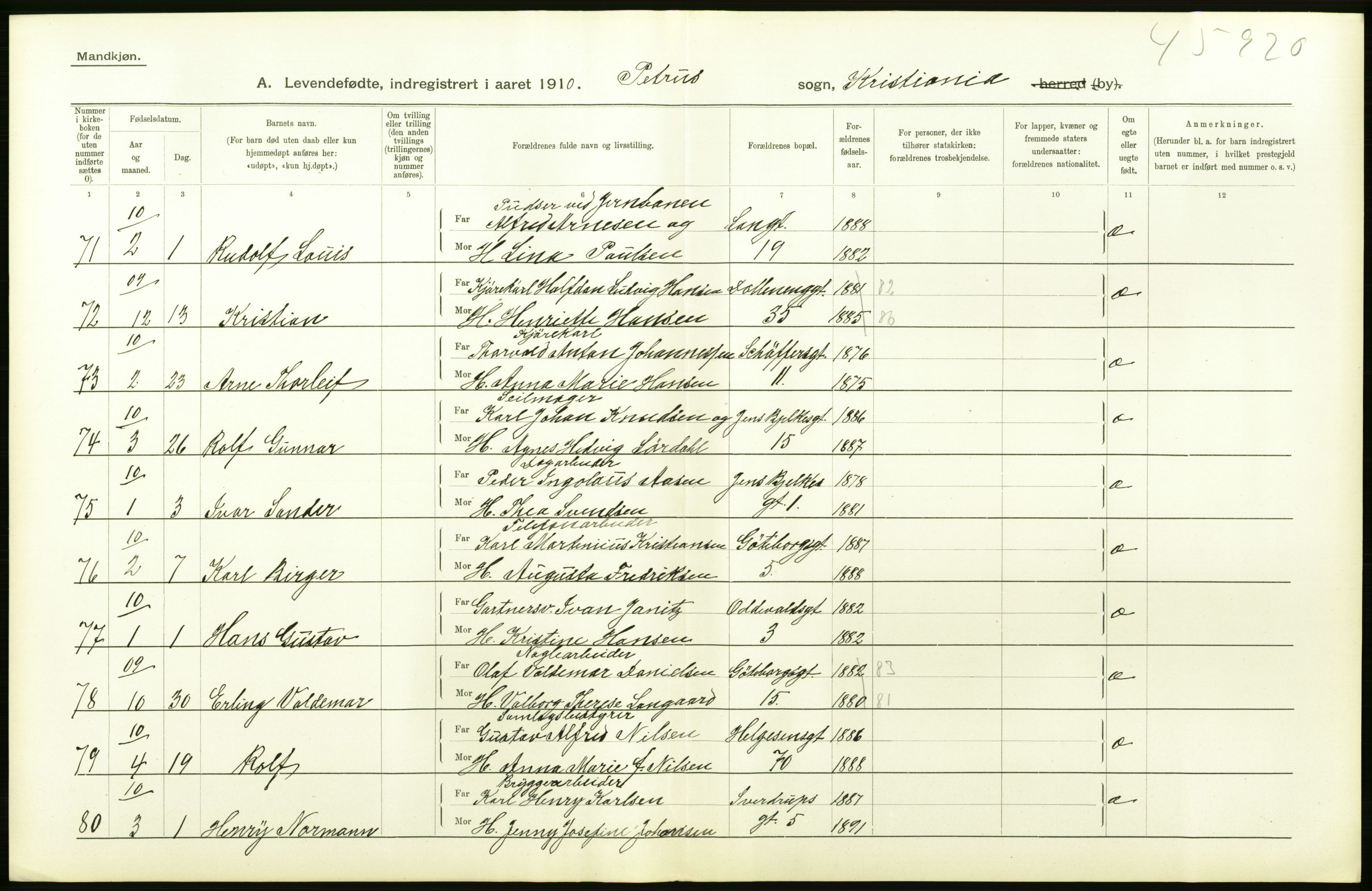 Statistisk sentralbyrå, Sosiodemografiske emner, Befolkning, AV/RA-S-2228/D/Df/Dfa/Dfah/L0006: Kristiania: Levendefødte menn., 1910, p. 406