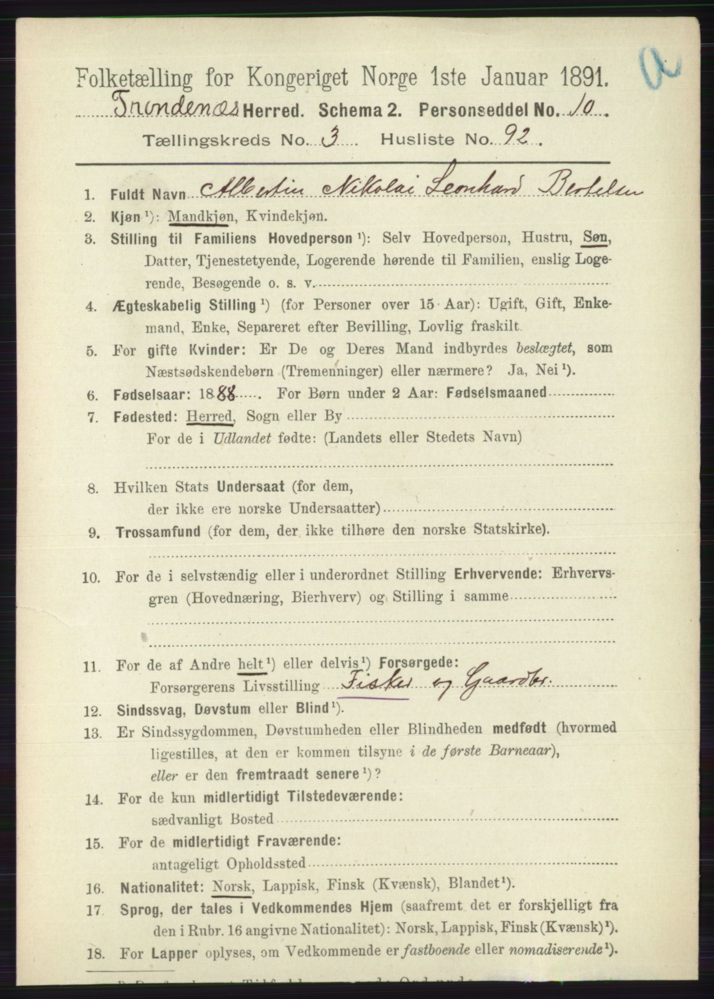 RA, 1891 census for 1914 Trondenes, 1891, p. 1812