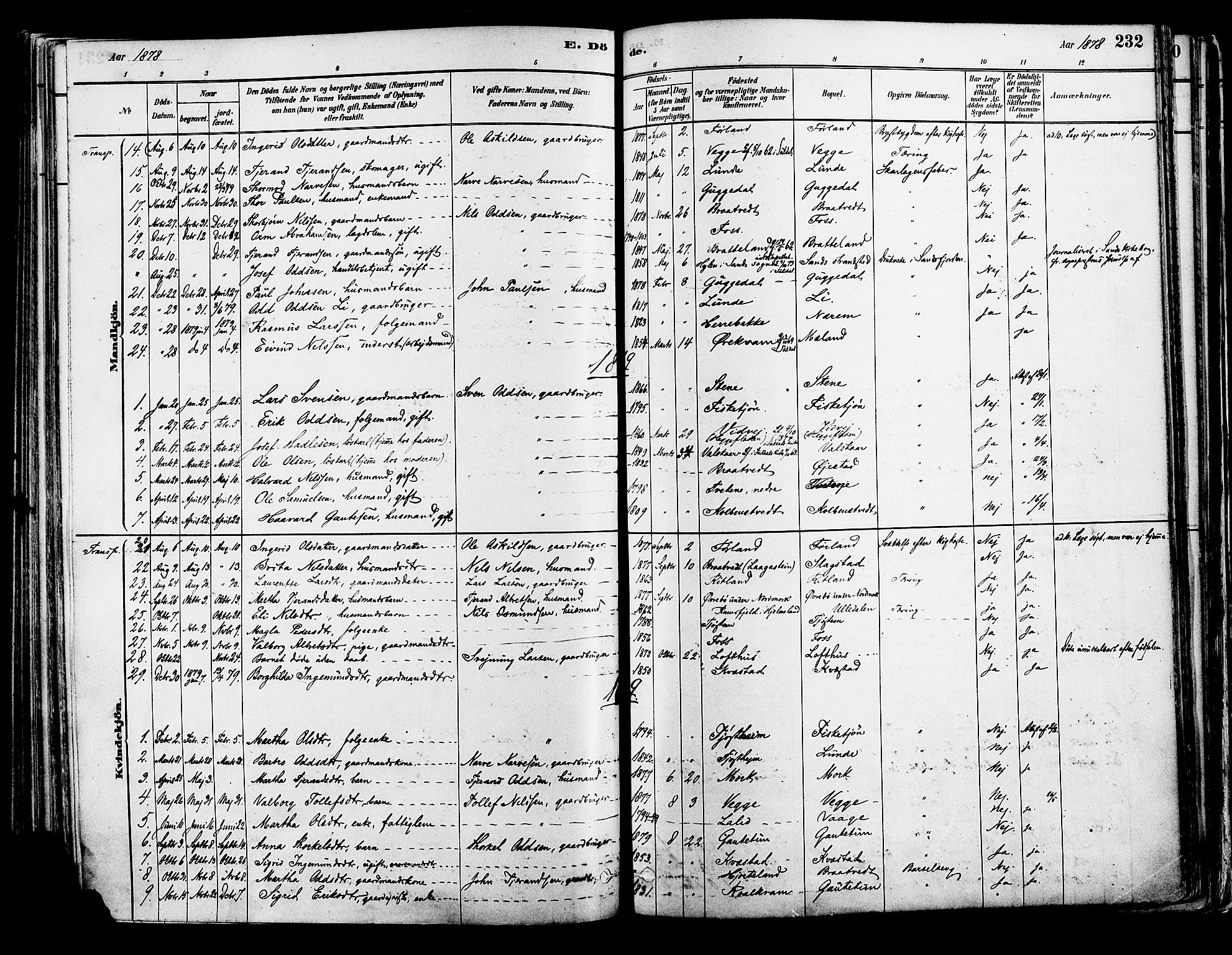Suldal sokneprestkontor, SAST/A-101845/01/IV/L0011: Parish register (official) no. A 11, 1878-1900, p. 232