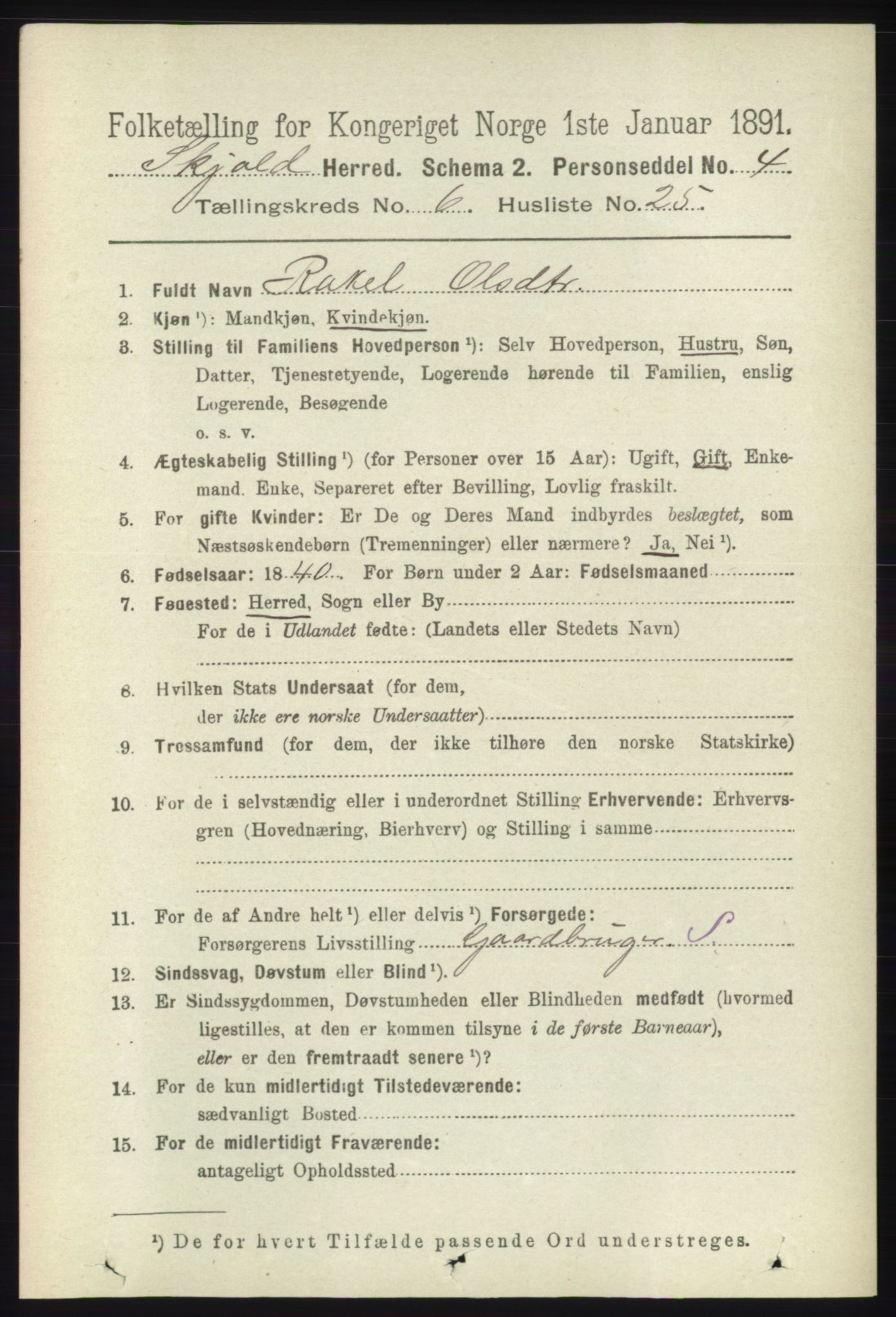 RA, 1891 census for 1154 Skjold, 1891, p. 1134