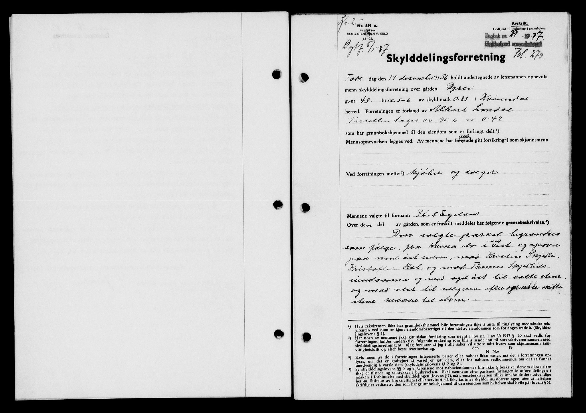 Flekkefjord sorenskriveri, SAK/1221-0001/G/Gb/Gba/L0053: Mortgage book no. A-1, 1936-1937, Diary no: : 29/1937