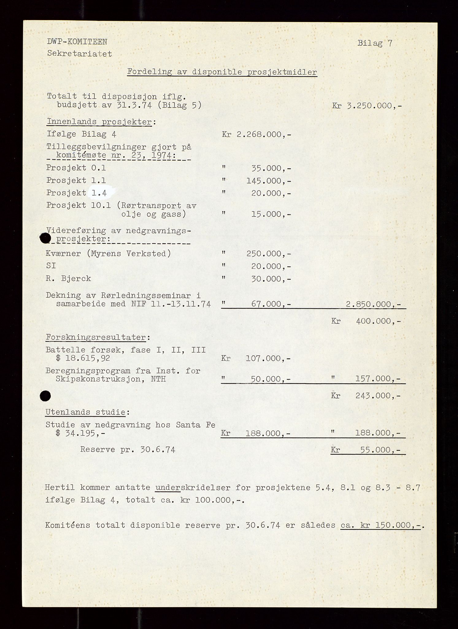 Industridepartementet, Oljekontoret, AV/SAST-A-101348/Di/L0002: DWP, måneds- kvartals- halvårs- og årsrapporter, økonomi, personell, div., 1972-1974, p. 597