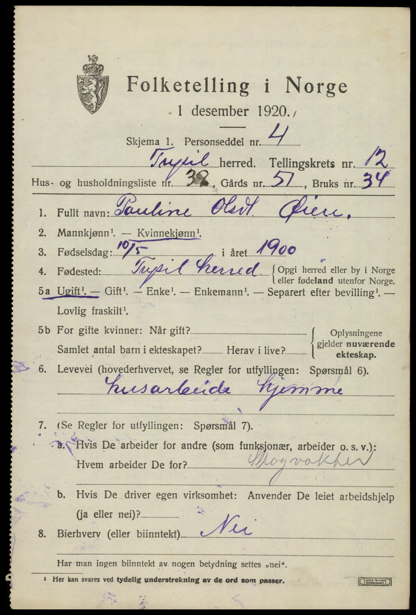 SAH, 1920 census for Trysil, 1920, p. 7625