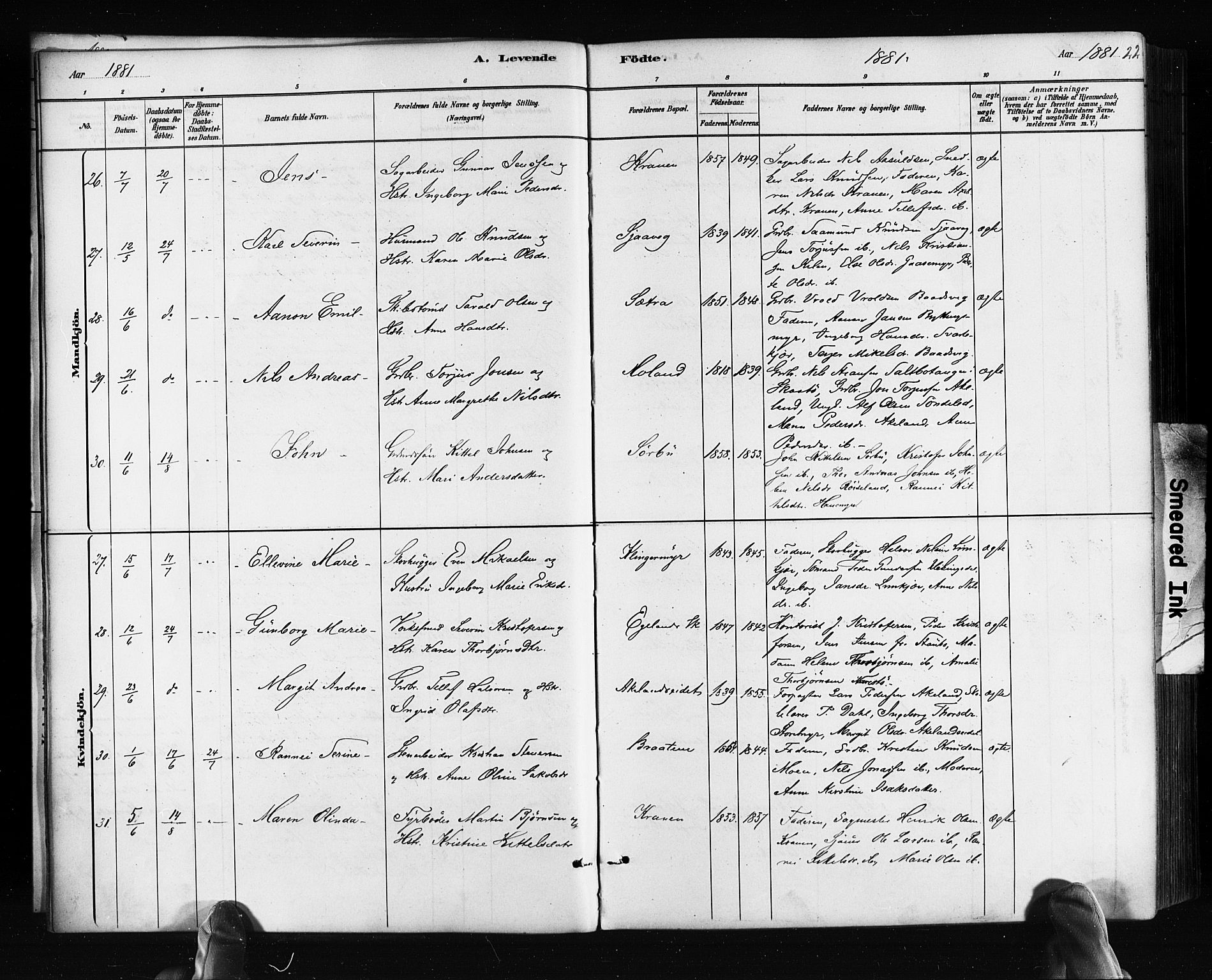 Søndeled sokneprestkontor, AV/SAK-1111-0038/F/Fa/L0004: Parish register (official) no. A 4, 1880-1889, p. 22