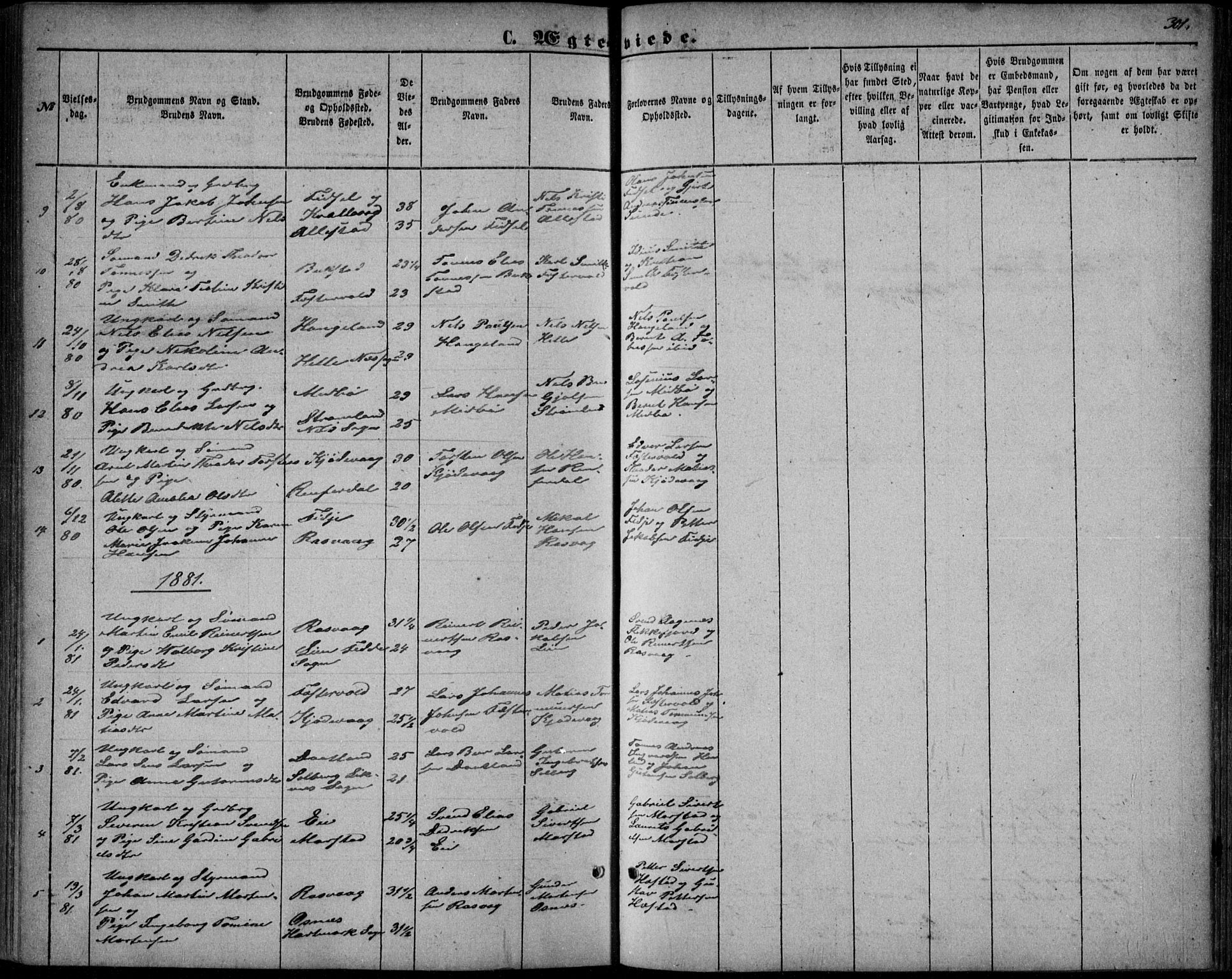 Flekkefjord sokneprestkontor, AV/SAK-1111-0012/F/Fb/Fbb/L0003: Parish register (copy) no. B 3, 1867-1889, p. 301