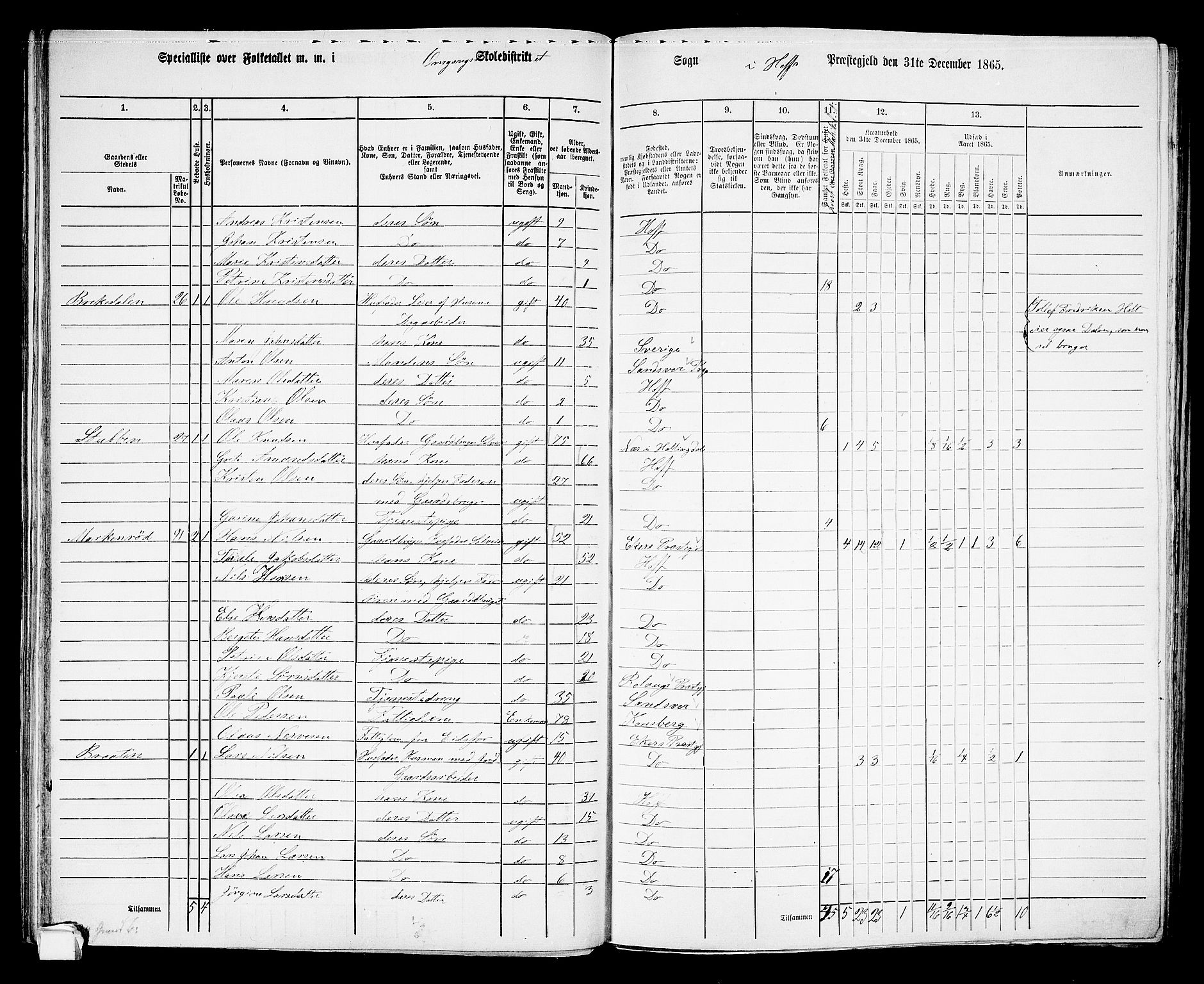 RA, 1865 census for Hof, 1865, p. 53