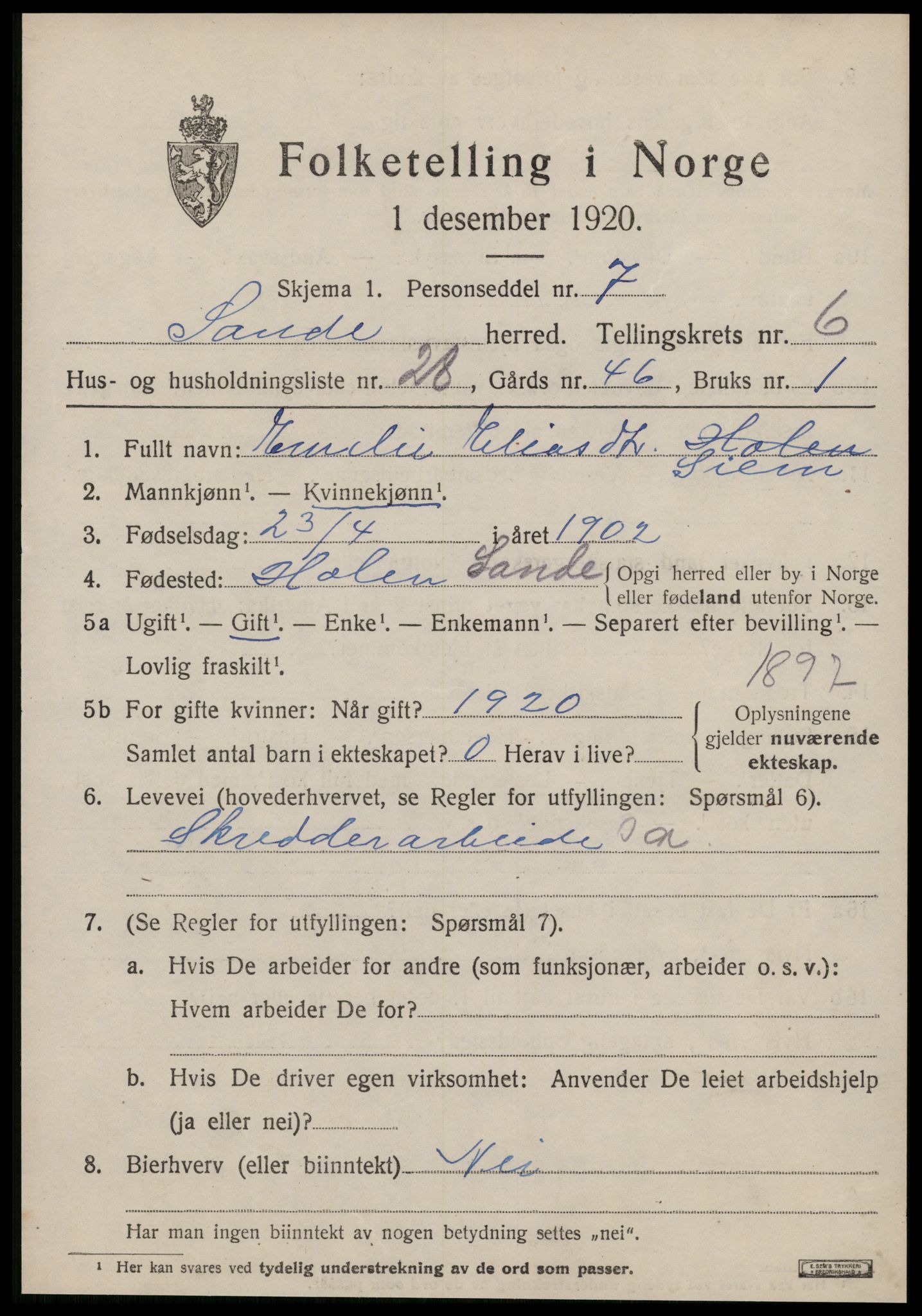 SAT, 1920 census for Sande (MR), 1920, p. 3906