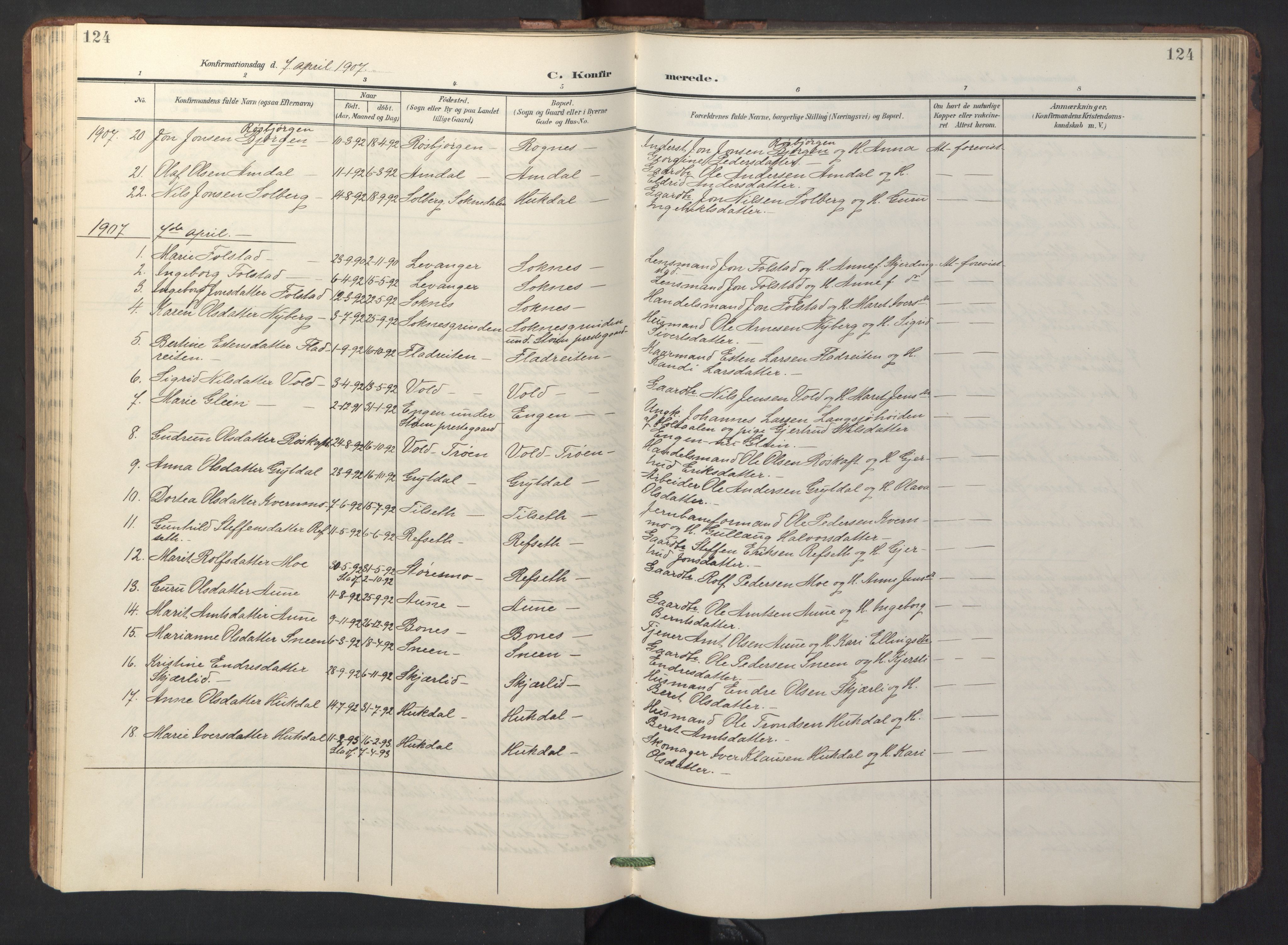 Ministerialprotokoller, klokkerbøker og fødselsregistre - Sør-Trøndelag, SAT/A-1456/687/L1019: Parish register (copy) no. 687C03, 1904-1931, p. 124