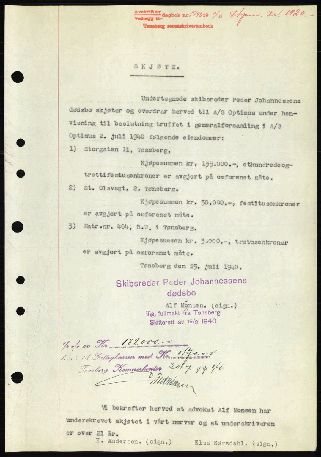 Tønsberg sorenskriveri, AV/SAKO-A-130/G/Ga/Gaa/L0009: Mortgage book no. A9, 1940-1941, Diary no: : 1498/1940