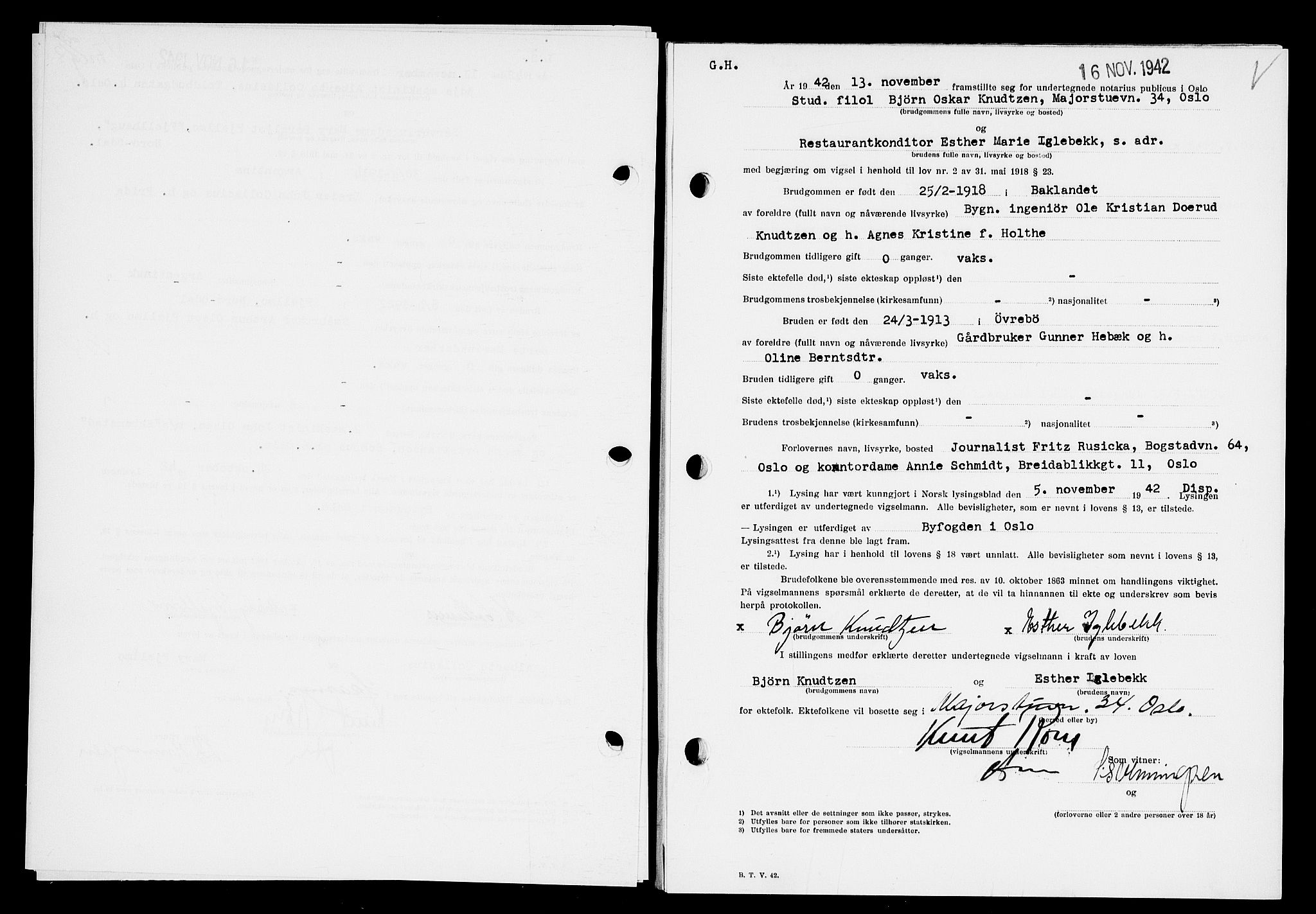 Oslo byfogd avd. I, AV/SAO-A-10220/L/Lb/Lbb/L0042: Notarialprotokoll, rekke II: Vigsler, 1942