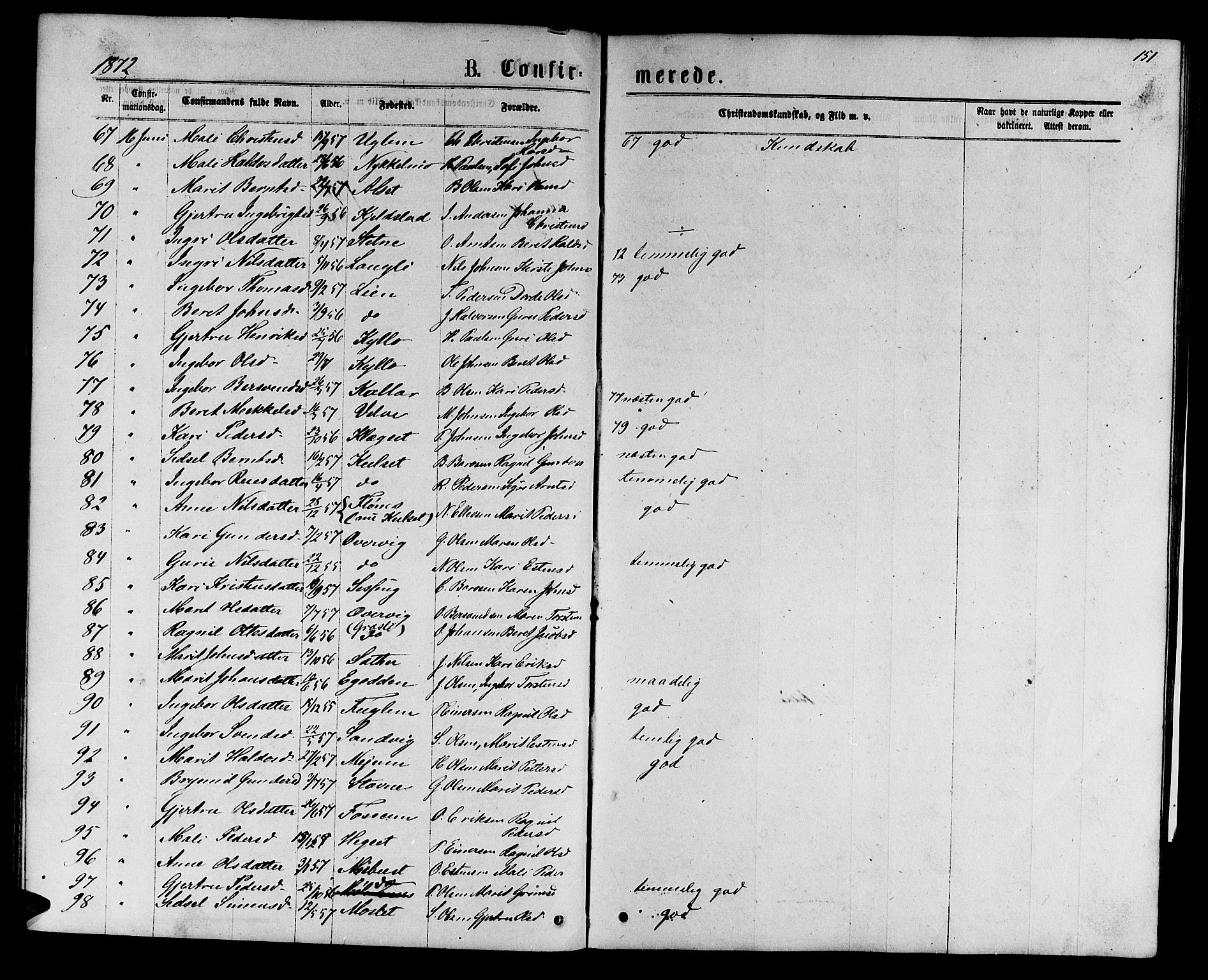 Ministerialprotokoller, klokkerbøker og fødselsregistre - Sør-Trøndelag, SAT/A-1456/695/L1156: Parish register (copy) no. 695C07, 1869-1888, p. 151