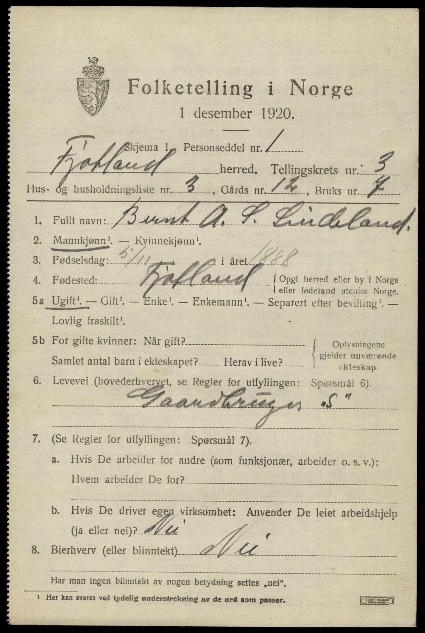 SAK, 1920 census for Fjotland, 1920, p. 954
