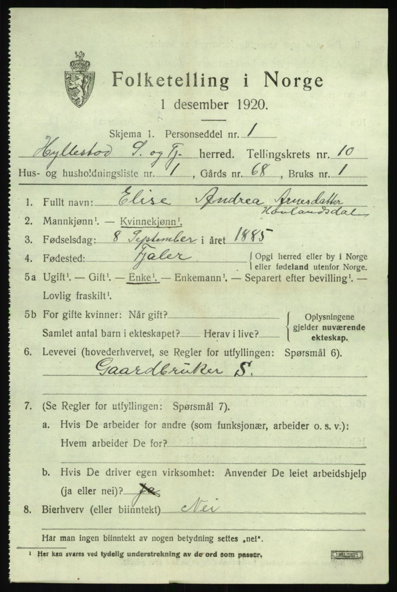 SAB, 1920 census for Hyllestad, 1920, p. 3812